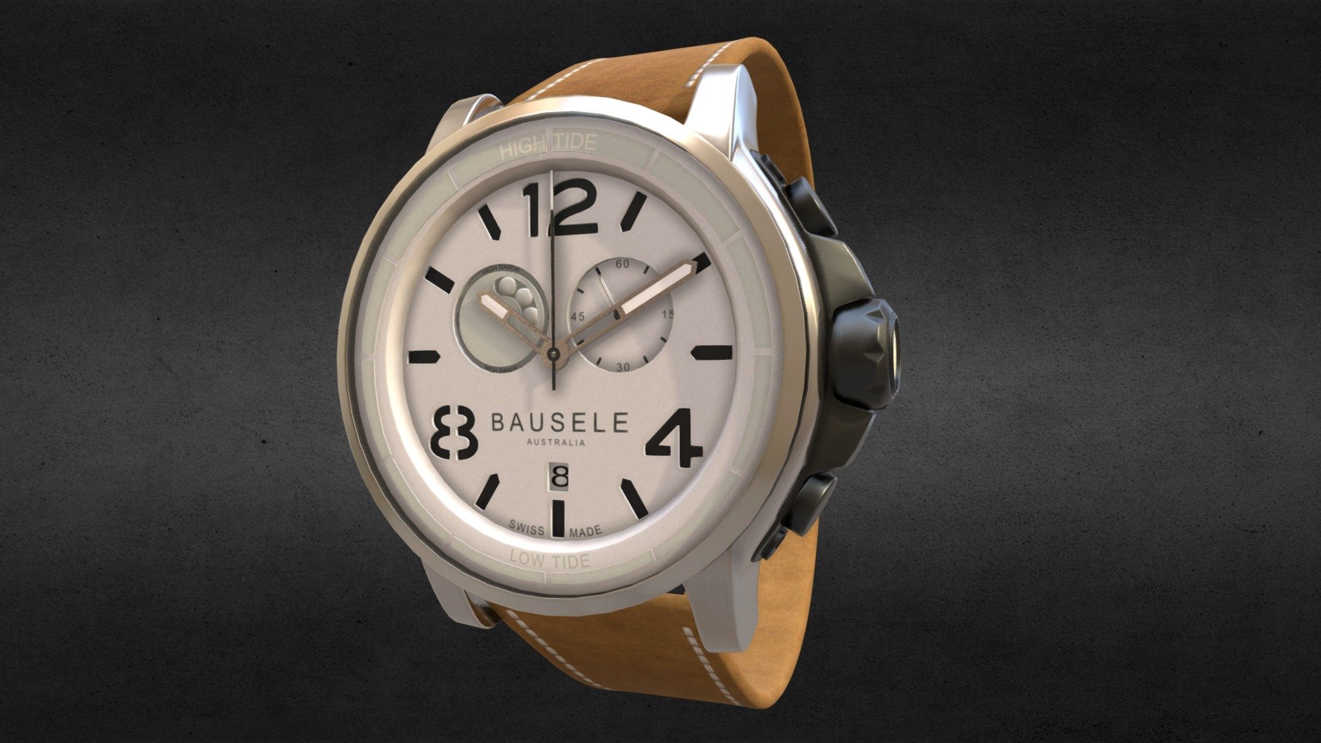 Awesome stainless steel Bausele Oceanmoon  watch with leather strap.
Use for Unreal Engine 4 and Unity3D. Try in augmented reality in the AR-Watches app. 
Links to the app: Android, iOS

Currently available for download in dae format.

3D model developed by AR-Watches

Disclaimer: We do not own the design of the watch, we only made the 3D model 3d model