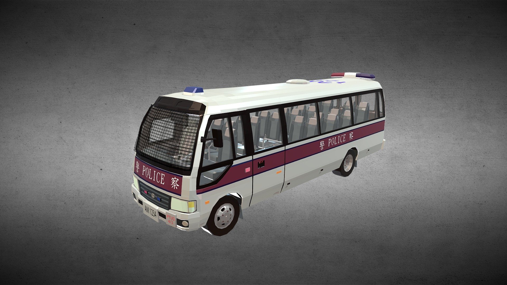 A police personnel carrier. Hong Kong Police (PTU) (Chinese: 警察機動部隊新型運員車)

The Toyota Coaster is a single-decker minibus produced by Toyota Motor Corporation.

You can find out more information on Wiki below.

https://en.wikipedia.org/wiki/Police_vehicles_in_Hong_Kong

https://en.wikipedia.org/wiki/Toyota_Coaster

I created this model by using Blender, just use it in your commercial game, credit businessyuen.com is appreciated.

Find more products here

Police Pack

SchoolBus

Bus Dennis Enviro 400

Train Pack

Please follow me and buy me a coffee, visit my own website for other formats businessyuen.com. thank you. ^.^ - Hong Kong Police Personnel Carrier - Buy Royalty Free 3D model by businessyuen 3d model