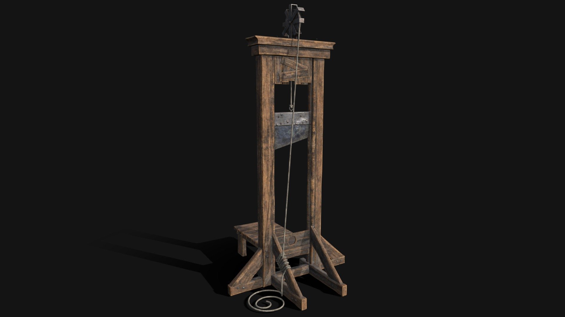 Medieval Guillotine 3D Model. This model contains the Medieval Guillotine itself 

All modeled in Maya, textured with Substance Painter.

The model was built to scale and is UV unwrapped properly. UDIM pipeline. 2 Islands

⦁   38392 tris. 

⦁   Contains: .FBX .OBJ and .DAE

⦁   Model has clean topology. No Ngons.

⦁   Built to scale

⦁   Unwrapped UV Map

⦁   4K Texture set

⦁   High quality details

⦁   Based on real life references

⦁   Renders done in Marmoset Toolbag

Polycount: 

Verts 19984

Edges 19537

Faces 19709

Tris 38392 

If you have any questions please feel free to ask me 3d model