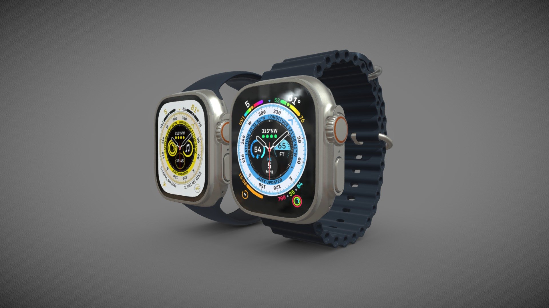 Realistic (copy) 3d model of Apple Watch Ultra.

This set:
- 1 file obj standard
- 1 file 3ds Max 2013 vray material
- 1 file 3ds Max 2013 corona material
- 1 file of 3Ds
- 2 file e3d full set of materials.
- 1 file cinema 4d standard.
- 1 file blender cycles.

Topology of geometry:
- forms and proportions of The 3D model
- the geometry of the model was created very neatly
- there are no many-sided polygons
- detailed enough for close-up renders
- the model optimized for turbosmooth modifier
- Not collapsed the turbosmooth modified
- apply the Smooth modifier with a parameter to get the desired level of detail

Materials and Textures:
- 3ds max files included Vray-Shaders
- 3ds max files included Corona-Shaders
- Blender files included cycles shaders
- Cinema 4d files included Standard-Shaders
- Element 3d files
- all texture paths are cleared

Organization of scene:
- to all objects and materials
- real world size (system units - mm)
- coordinates of location of the model in space (x0, y0, z0) - Apple Watch Ultra - Buy Royalty Free 3D model by madMIX 3d model