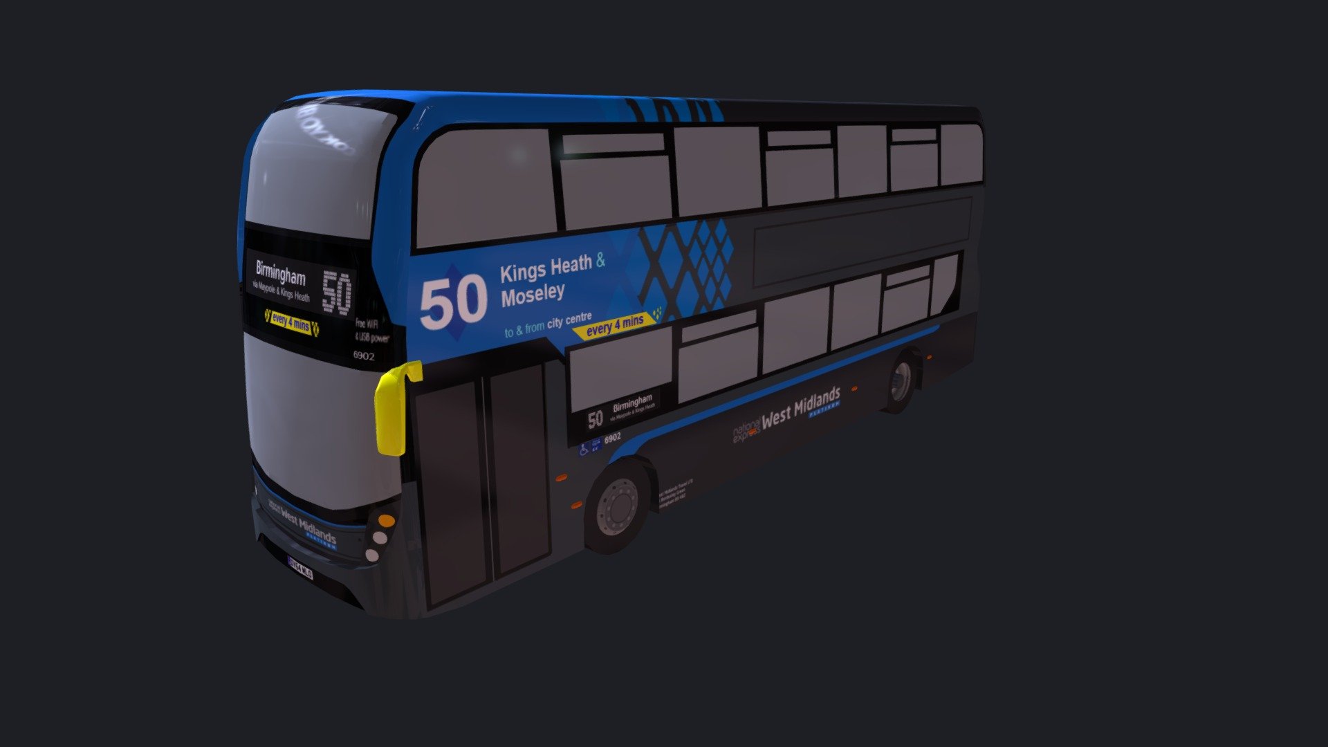 National Express West Midlands Route 50 Bus
Yardley Wood Garage
Birmingham - ADL Enviro 400 MMC NXWM - 3D model by DV64MLO 3d model