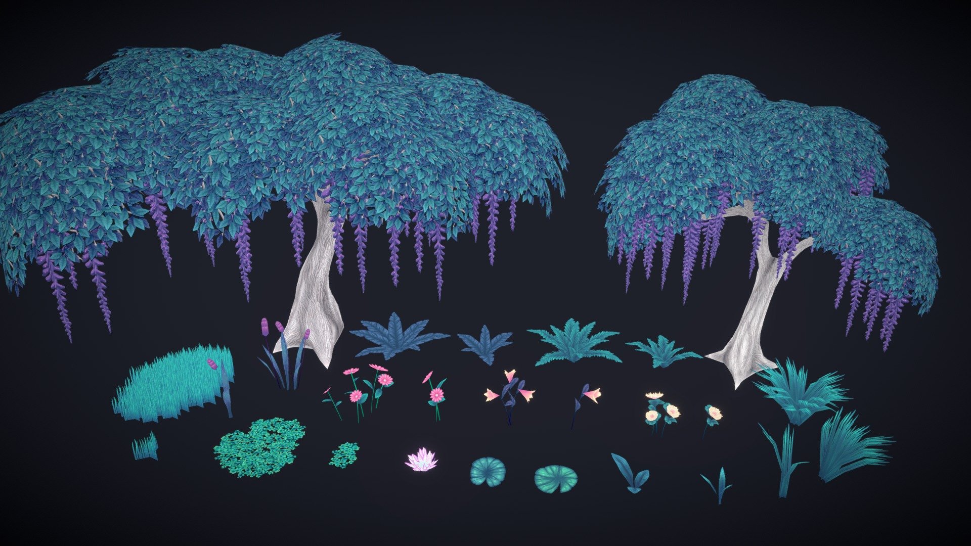 Handpainted lowpoly trees and foliage set. Includes 3 different color options, 1k and 4k textures, fbx of each asset, and the blender file!

Emissive textures also included for anyone wanting to make magical glow-in-the-dark forests! - Handpainted Fantasy Trees and Foliage Set - Buy Royalty Free 3D model by ziodynes098 3d model