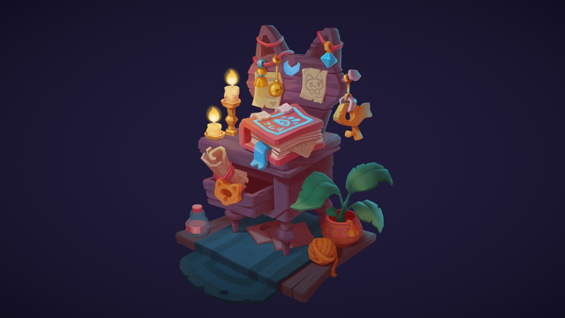 First time using 3D coat to paint in this style.

Concept by Jamilya Bukrina. https://www.artstation.com/artwork/oAkNVq - Cat Wizard Table - 3D model by fenite 3d model