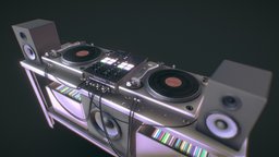 DJ booth speaker, dj, turntable, cables, woofer