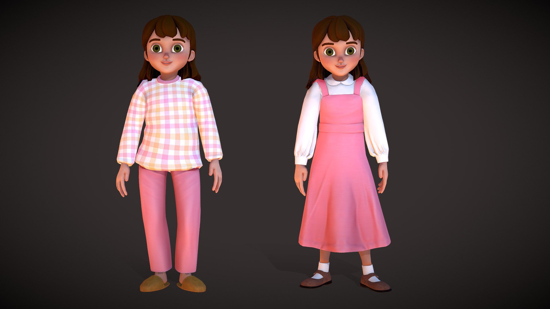 Arabi Girl character made as a game-ready model in two versions, one with a school uniform and the other with a pajama outfit 3d model