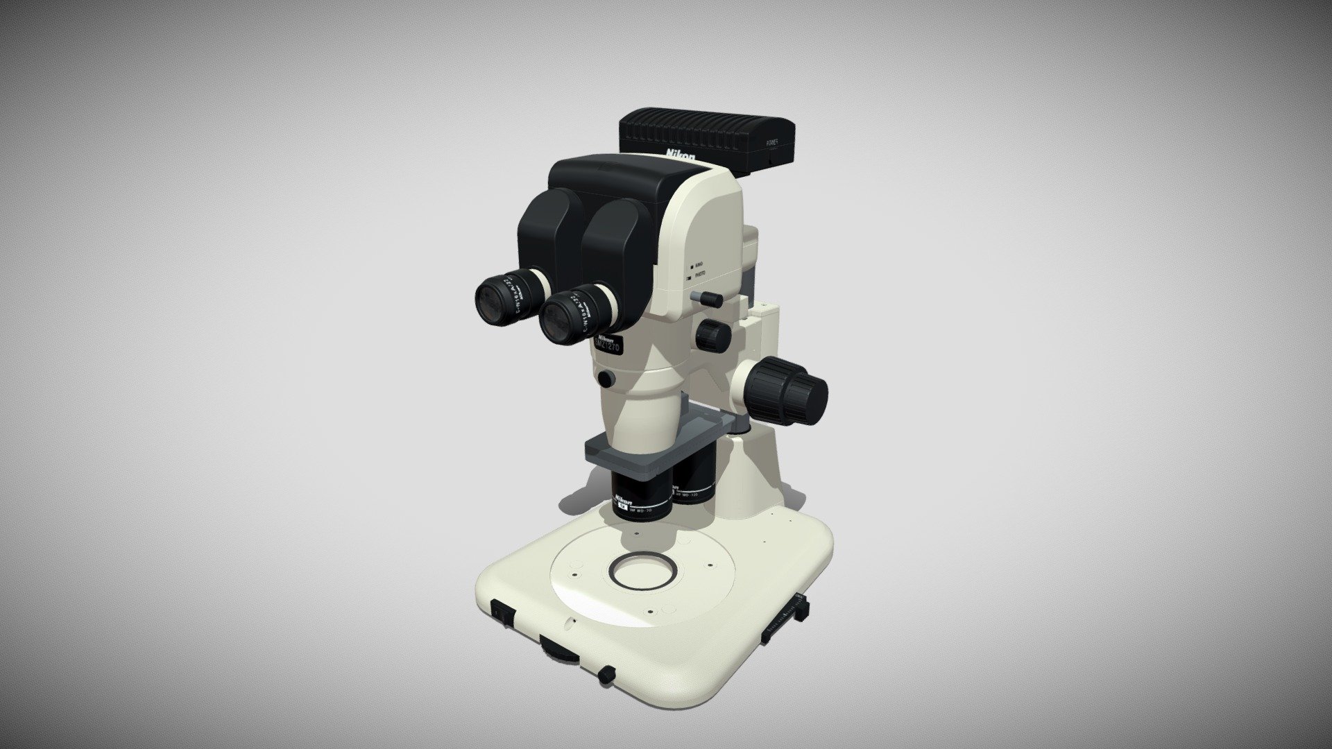 Detailed model of a Nikon SMZ1270i Microscope, modeled in Cinema 4D.The model was created using approximate real world dimensions.

The model has 102,804 polys and 101,791 vertices.

An additional file has been provided containing the original Cinema 4D project files with both standard and v-ray materials, textures and other 3d export files such as 3ds, fbx and obj 3d model