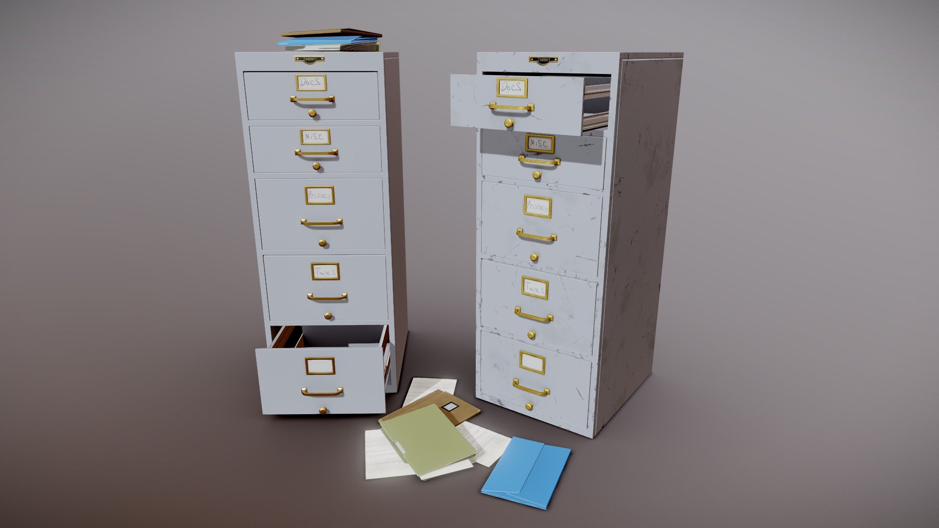Realistic Vintage Filling Cabinet with High Quality PBR Textures.

Blend, FBX, UnityPackages (2019.4, Built-In/URP/HDRP) formats.

Materials and textures included.

Metallic/Roughness PBR, Unity Built-In/URP/HDRP and UE4 Texture Sets Dirty and Clean 4096px PNG 8Bit Textures.

Model by @Bek, Idea and Art Direction by Me 3d model