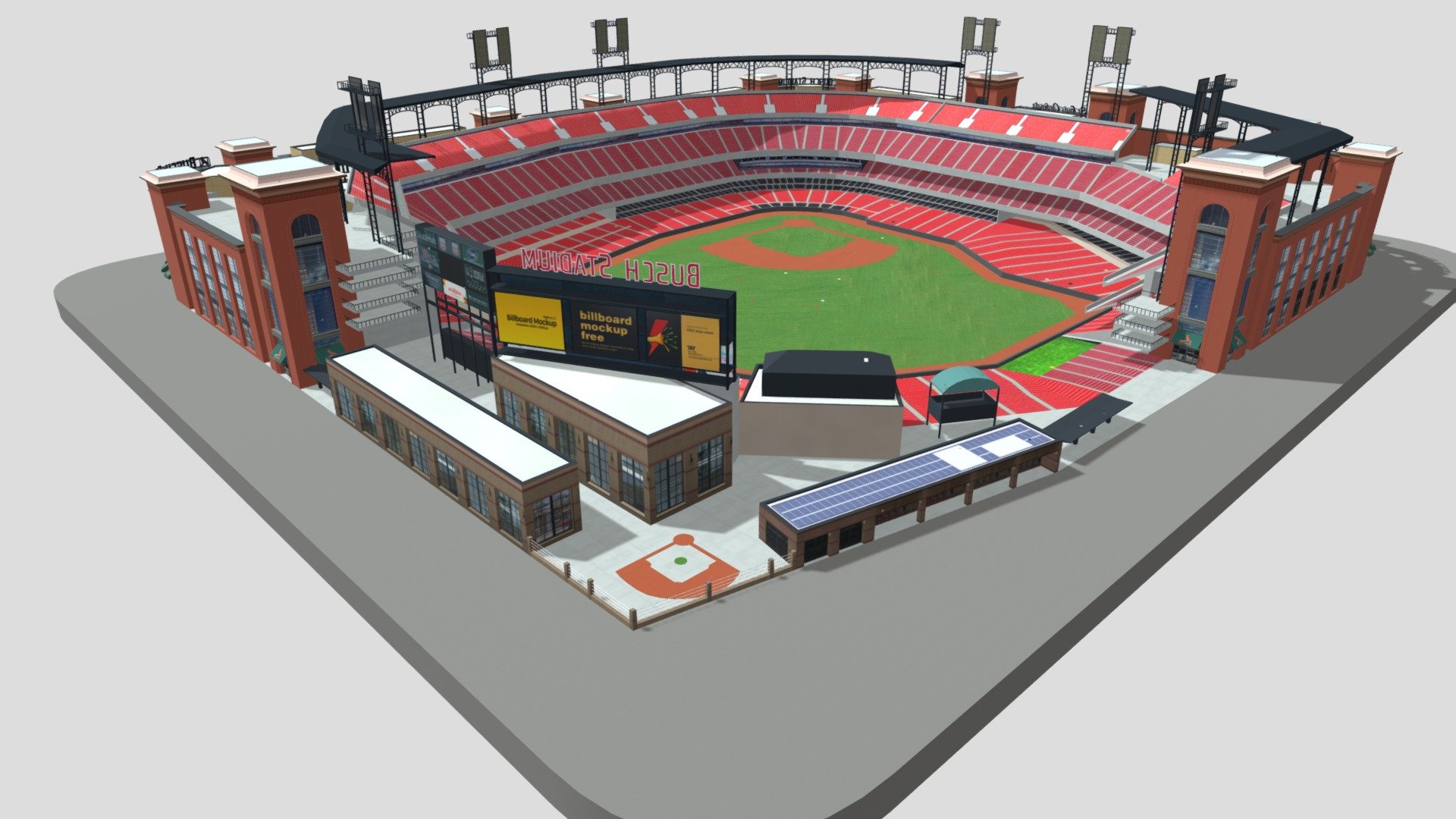 Busch Baseball Stadium
Originally created with 3ds Max 2015 and rendered in V-Ray 3.0

Total Poly Counts:
Poly Count = 62110
Vertex Count = 74963

Please Visit:
https://nuralam3d.blogspot.com/2022/01/busch-baseball-stadium.html - Busch Baseball Stadium - 3D model by nuralam018 3d model