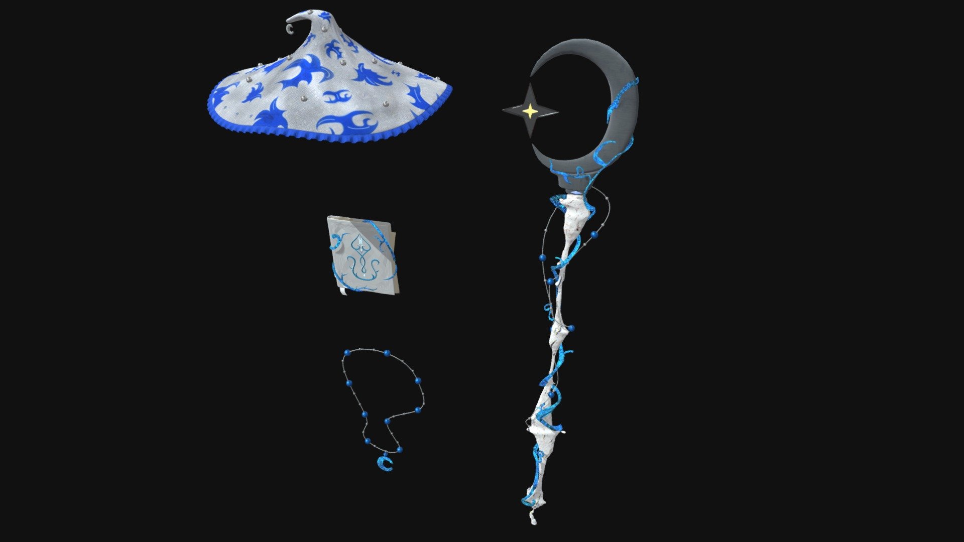 a collection of magical accessories for the game which includes: a staff, a hat, an amulet and a magic book - Mage collection : staff , book , amulet , amulet - Download Free 3D model by LimFs (@makcytka23) 3d model