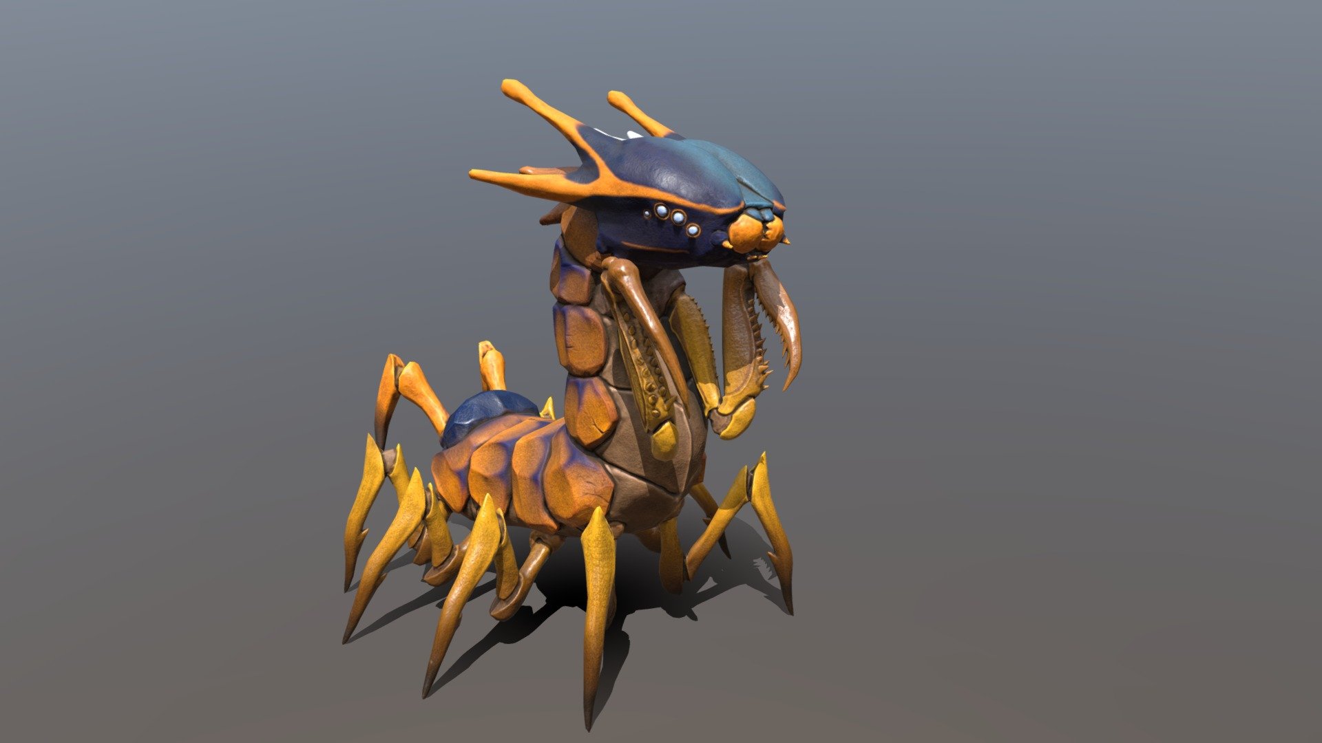 My final from my 3D modeling 2 class was to design, model, and texture a giant insect. I took the body of a Giant Centipede, the head of the Horned Emperor Caterpillar, and the upper limbs of a Praying Mantis. The high poly was created in zbrush, and the low poly is done in maya. The tri count sits at just above 20k 3d model