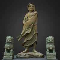 Daruma (Bodhidharma) with two guardian lions japan, statue, photogrammetry, 3dscan, temple