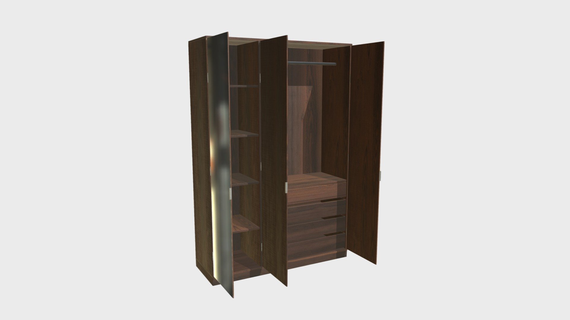 === The following description refers to the additional ZIP package provided with this model ===

Three-door wardrobe 3D Model. 14 individual objects (doors, trays, drawers, bar, &hellip;), sharing the same non overlapping UV Layout map, Material and PBR Textures set. Production-ready 3D Model, with PBR materials, textures, non overlapping UV Layout map provided in the package.

Quads only geometries (no tris/ngons).

Formats included: FBX, OBJ; scenes: BLEND (with Cycles / Eevee PBR Materials and Textures); other: png with Alpha.

14 Objects (meshes), 1 PBR Material, UV unwrapped (non overlapping UV Layout map provided in the package); UV-mapped Textures.

UV Layout maps and Image Textures resolutions: 2048x2048; PBR Textures made with Substance Painter.

Polygonal, QUADS ONLY (no tris/ngons); 15022 vertices, 14368 quad faces (28736 tris).

Real world dimensions; scene scale units: cm in Blender 3.3 (that is: Metric with 0.01 scale).

Uniform scale object (scale applied in Blender 3.3) 3d model