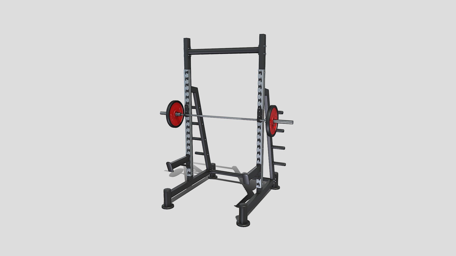 Gym machine 3d model built to real size, rendered with Cycles in Blender, as per seen on attached images. 

File formats:
-.blend, rendered with cycles, as seen in the images;
-.obj, with materials applied;
-.dae, with materials applied;
-.fbx, with materials applied;
-.stl;

Files come named appropriately and split by file format.

3D Software:
The 3D model was originally created in Blender 3.1 and rendered with Cycles.

Materials and textures:
The models have materials applied in all formats, and are ready to import and render.
Materials are image based using PBR, the model comes with five 4k png image textures.

Preview scenes:
The preview images are rendered in Blender using its built-in render engine &lsquo;Cycles'.
Note that the blend files come directly with the rendering scene included and the render command will generate the exact result as seen in previews.

General:
The models are built mostly out of quads.

For any problems please feel free to contact me.

Don't forget to rate and enjoy! - Squat rack - Buy Royalty Free 3D model by dragosburian 3d model