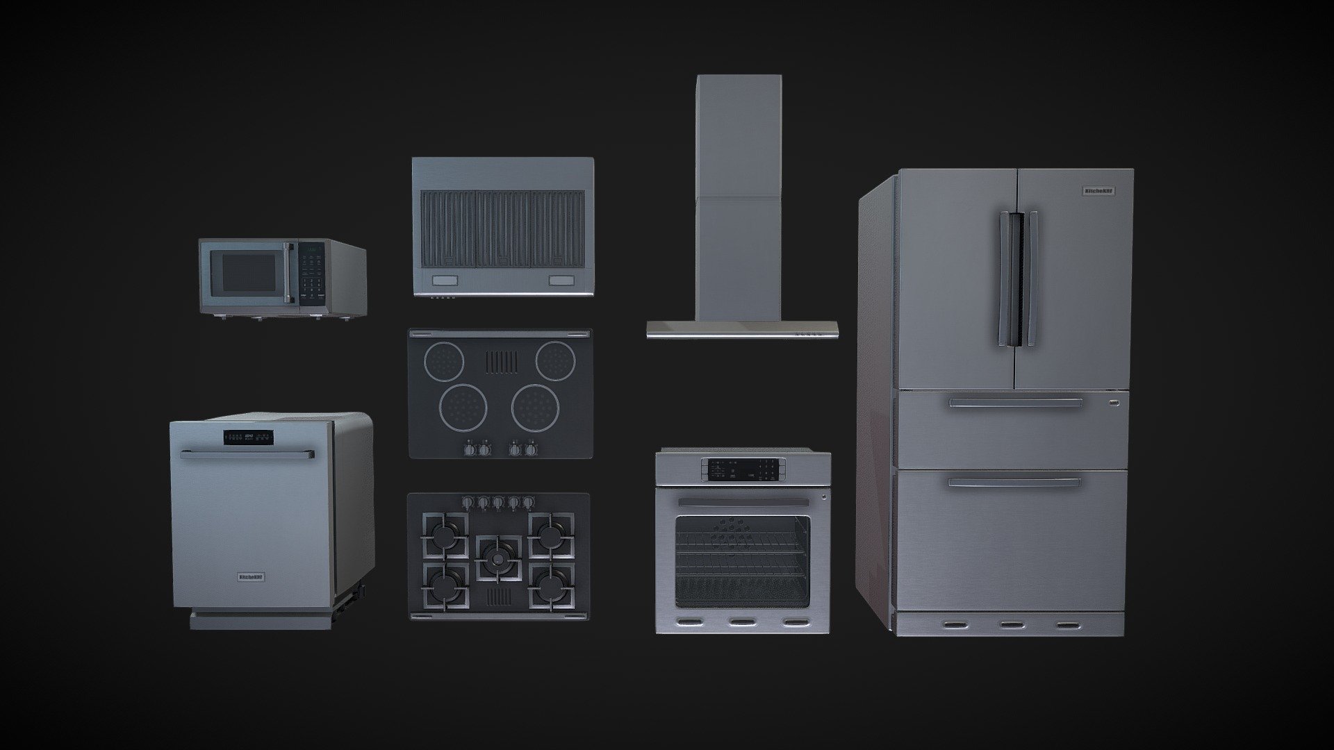 This set consists of 5 kitchen appliances: stove, dishwasher, fridge, kitchen hood and microwave. Highlights that elements such as the kitchen, microwave and dishwasher are not only externally modeled, but also have internal details. This feature adds an additional level of realism and detail to the objects, offering a more complete and authentic representation of these appliances within a kitchen environment.

Game-ready models.

PBR textures.

Up to 2K texture resolution.

Clean UVs.

Dishwasher_2: 43593 Polygon, 42210 Tris, 21803 **Verts **

Fridge_2: 11538 Polygon, 11256 Tris, 5886 **Verts **

Kitchen_Hood_2: 6166 Polygon, 5751 Tris, 3256 **Verts **

Microwave_2: 12020 Polygon, 11518 Tris, 5887 **Verts **

Stove_2: 46863 Polygon, 45424 Tris, 23622 Verts - Kitchen Pack - Buy Royalty Free 3D model by kraffing Studio (@kraffing) 3d model