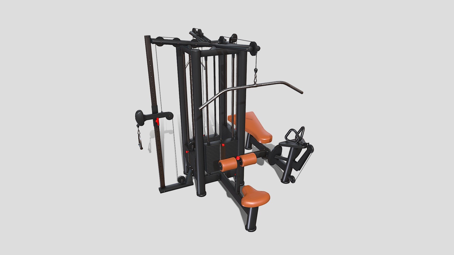 Gym machine 3d model built to real size, rendered with Cycles in Blender, as per seen on attached images. 

File formats:
-.blend, rendered with cycles, as seen in the images;
-.obj, with materials applied;
-.dae, with materials applied;
-.fbx, with materials applied;
-.stl;

Files come named appropriately and split by file format.

3D Software:
The 3D model was originally created in Blender 3.1 and rendered with Cycles.

Materials and textures:
The models have materials applied in all formats, and are ready to import and render.
Materials are image based using PBR, the model comes with five 4k png image textures.

Preview scenes:
The preview images are rendered in Blender using its built-in render engine &lsquo;Cycles'.
Note that the blend files come directly with the rendering scene included and the render command will generate the exact result as seen in previews.

General:
The models are built mostly out of quads.

For any problems please feel free to contact me.

Don't forget to rate and enjoy! - 4 Multi Station Jungle Machine V2 - Buy Royalty Free 3D model by dragosburian 3d model