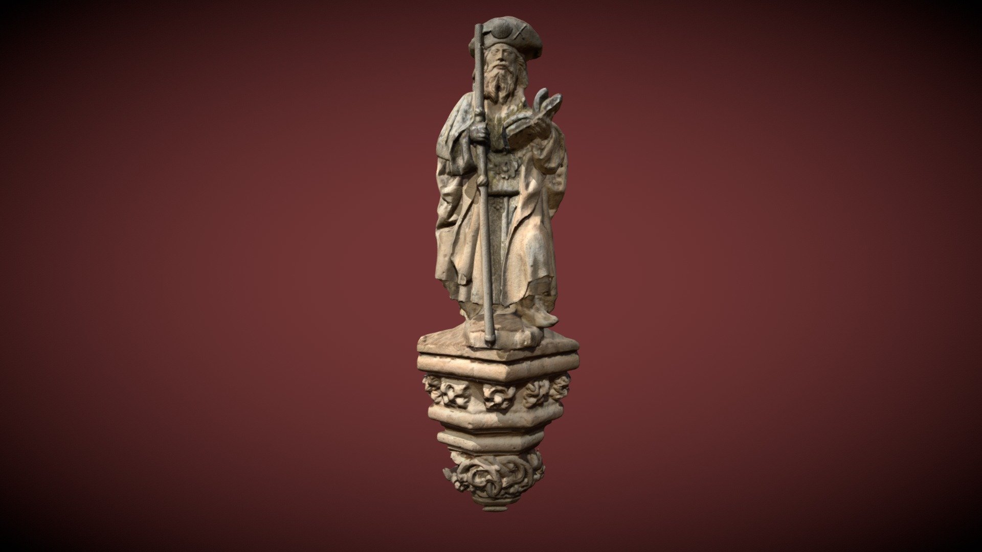 Escultura del Apóstol Santiago localizada en la portada de la entrada a la Parroquia de San Bartolomé de Montoro.

Escultura realizada en piedra molinaza en el siglo XVI 3d model