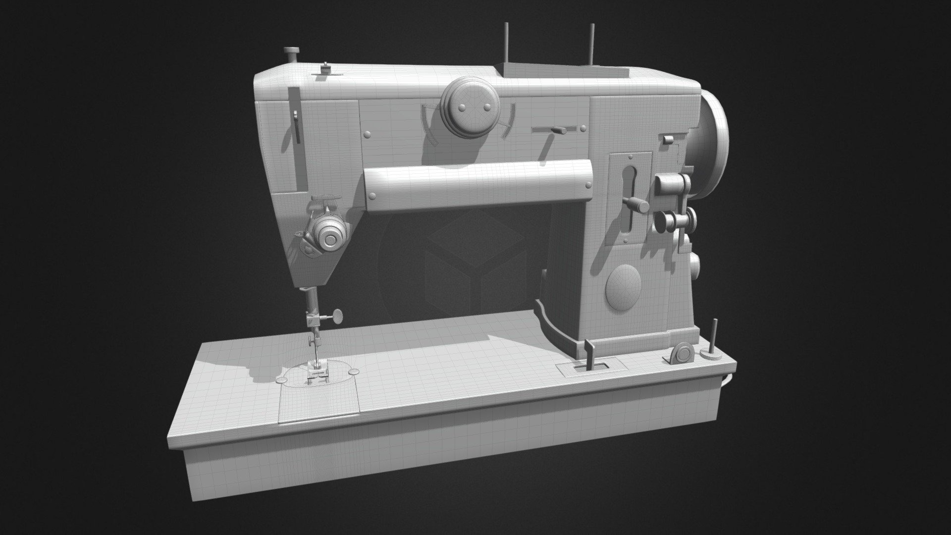 This is a sewing machine model, based on a 1958 Singer 401a model (though this was not meant to be an exact replica). It does not contain any modeling for the mechanical bits inside, because this model I have made as a nonmoving prop in a larger project I am currently working on. However, it does contain some flat planes inside so that you guys can fake an interior with some clever texturing. This model is without textures (there will be a textured version later on, once the larger project is completed in coming months). Texturing (in progress)  will be based on the Fallout 4 video game, mostly because I am playing that like crazy as of late, but also because I love Bethesda's style of texturing their assets. This is a mid-res version, which should be usable in most applications without much trouble 3d model