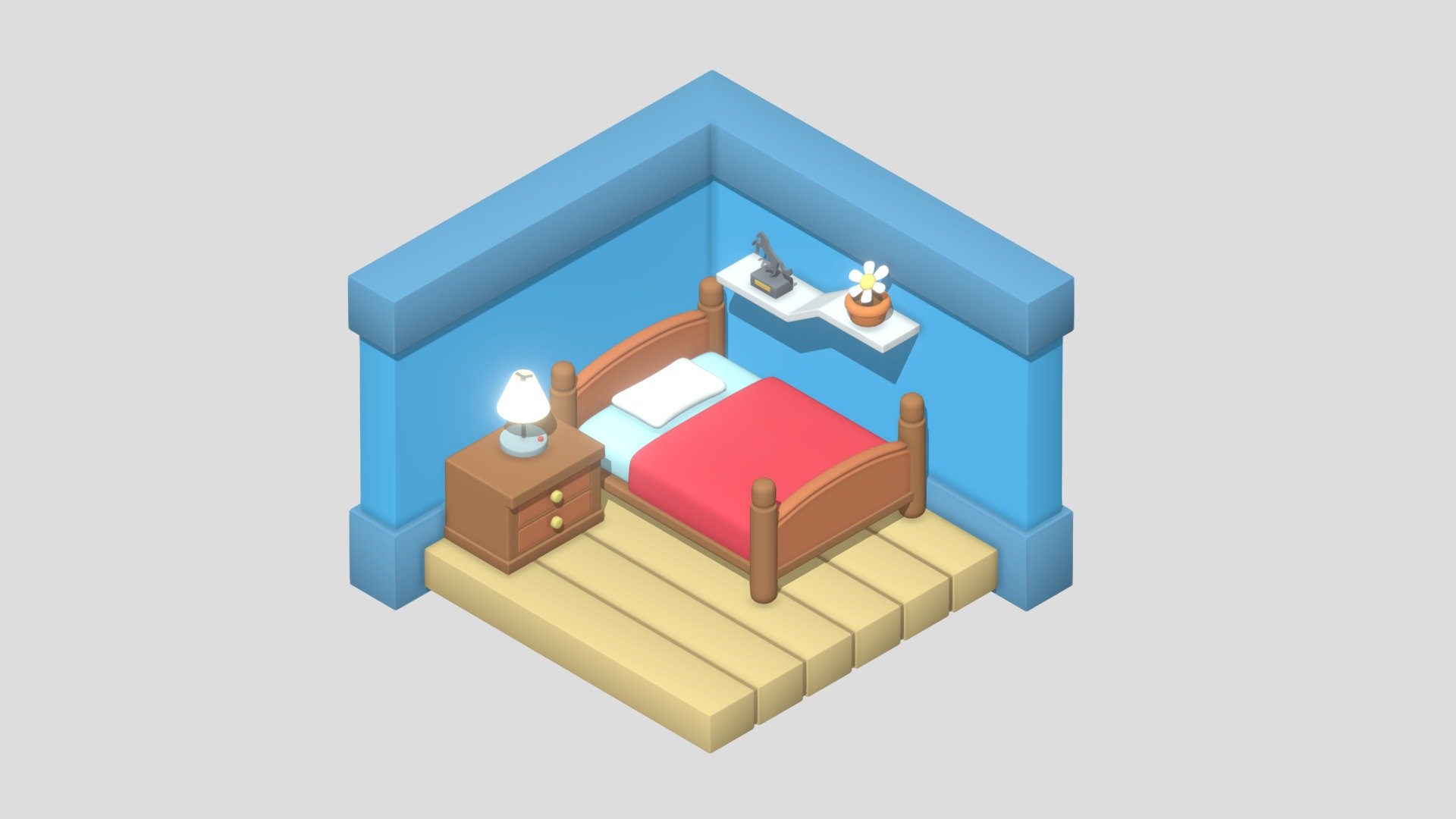 Isometric Cartoon Bedroom with a clean look! Not low poly, but used with subdivision surface to add a clean round look to it 3d model