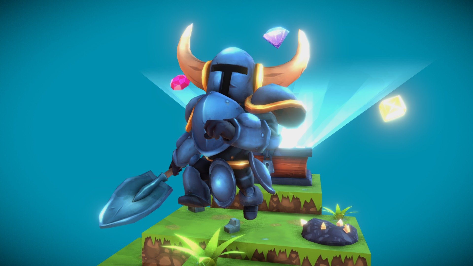 This is my last fanart, based in a beautiful retrogame called Shovel Knight.
A work done in conjunction with a great artist called Ingrid Barrios, I invite you to visit his page and his model of Shield Knight :)
https://sketchfab.com/models/e45baf343fe9478e96fcea3d5daa2885

In this link you can see the Final images
https://www.artstation.com/artwork/PDyP1

This is the link to the wonderful work of ingrid neighborhoods with their Shield Knight: - Shovel Knight Fanart - 3D model by technoir 3d model