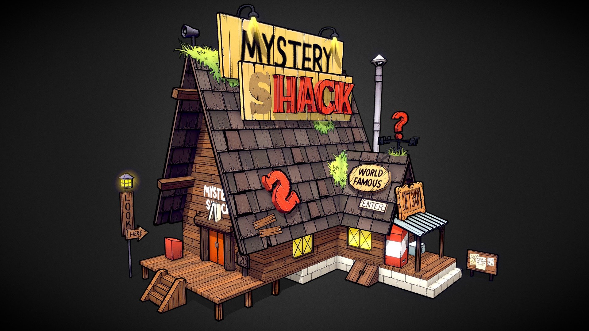 Hi! I wanted to try new 3D style, with an outliner shader&hellip; do you like it?

Handpainted textures
7501 Tris (13346 with the outline effect
*Mystery Shack from Gravity Falls

-&gt; On deviantart: https://www.deviantart.com/elo-doudoune/art/The-Mystery-Shack-788587706 - The Mystery Shack - 3D model by Emeryl (@elo-doudoune) 3d model