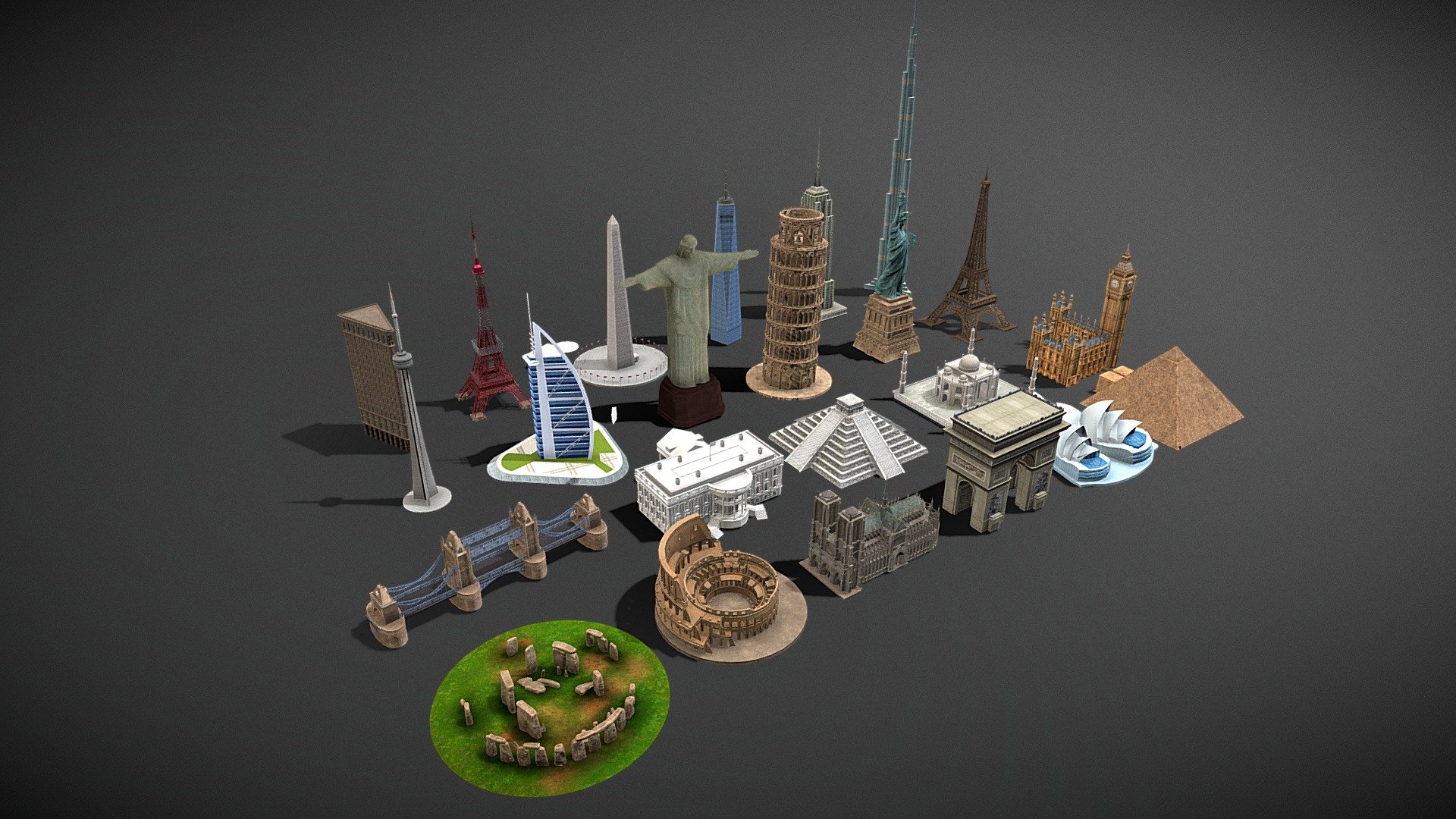 Here are 26 beautiful world famous building models. They are Stonehenge, Eiffel Tower, Colosseum, Big Ben, Arc de Triomphe, Tokyo Tower, Notre-Dame de Paris, CN Tower, One World Trade Center, Flatiron Building, Empire State Building, Taj Mahal, Washington Monument, White House, Cristo Redentor, Burj Khalifa Bubai Tower, The Statue of Liberty, Bisa, Burj Al Arab Hotel, Sydney Opera House, Mesoamerican pyramid, Egyptian Pyramids, London Tower Bridge, Golden Gate Bridge, The Great Wall, Nest.

If you want more beautiful models, please feel free to contact me. 

E-mail: zhangshangbin1314159@gmail.com - World Famous Landmarks - Buy Royalty Free 3D model by Zhang Shangbin (@zhangshangbin1314159) 3d model