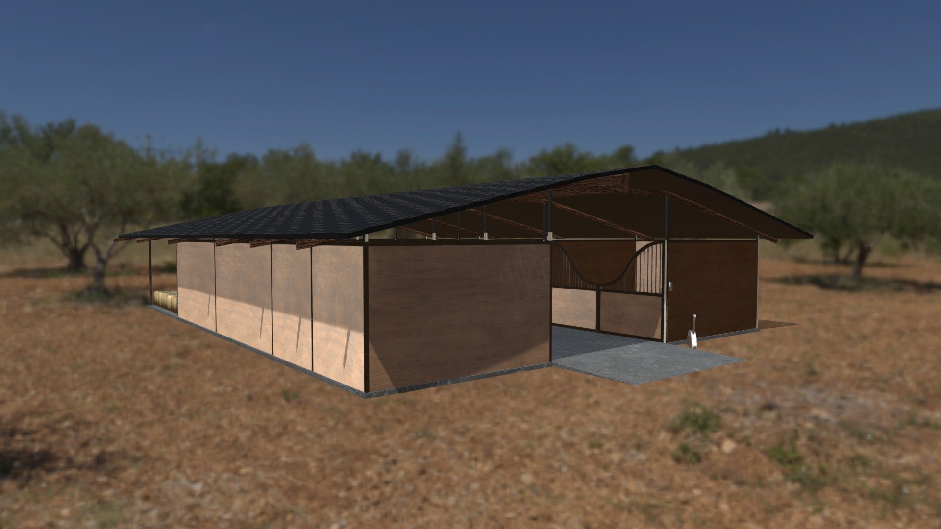 Relatively simple to scale horse stable, with doors, an overhead light, big lever, and hay bales. Nothing too complex. Was originally made for a game map within VRC 3d model