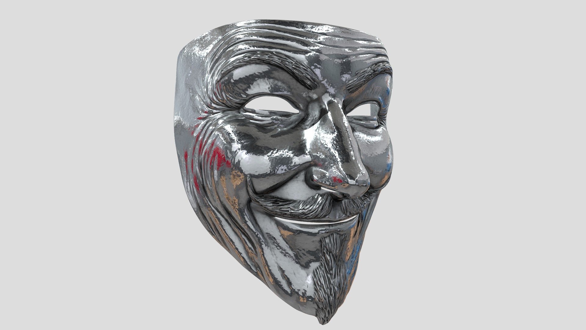 Simply V for vendetta metal mask retopologized from original model : Original model : https://sketchfab.com/mathewdc . Made with Zbrush, 3ds max, Topogun and Substance painter. UV mapped. 2048 textures size 3d model