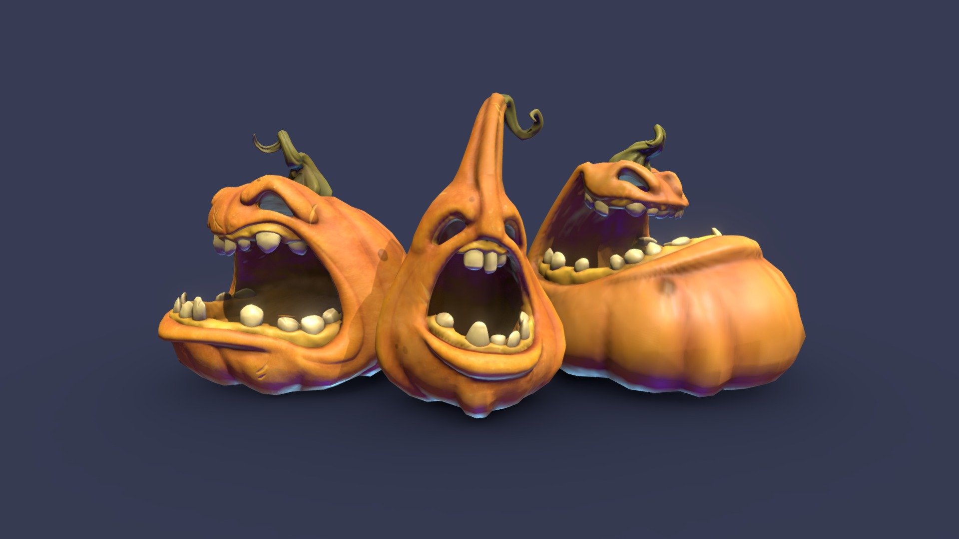 These amusingly stylized pumpkins are game-ready and come with PBR textures. 
The mesh information includes 3 separate meshes, each with its own material, and 2K textures.
Happy Halloween! - Pumpkin Pack - Buy Royalty Free 3D model by Julian_Lawrenz 3d model