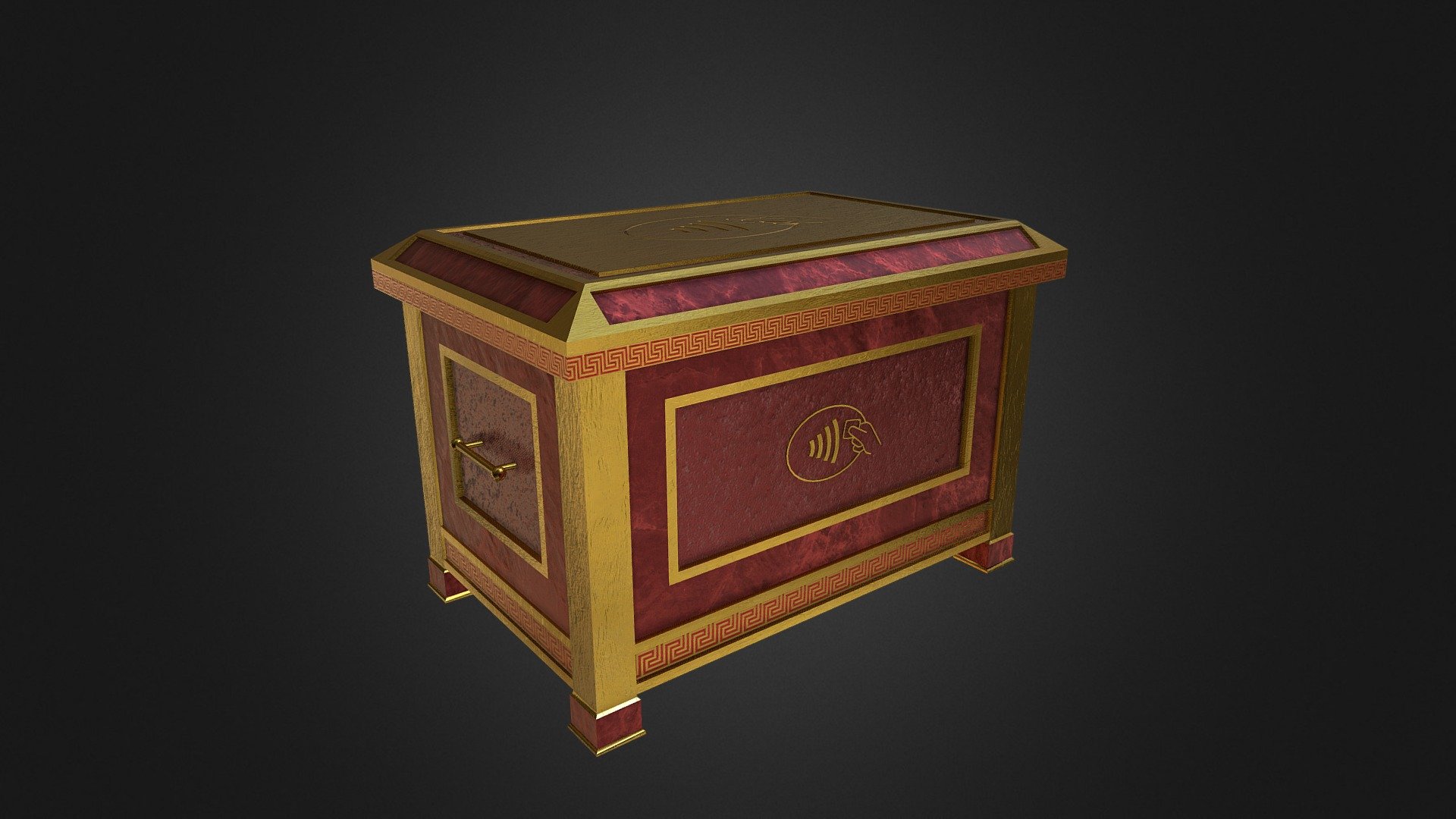 I didn't want to use any regular locking mechanisms for this, so I used the Paywave icon to give off the impression that a credit card would be required to open it. Similar to how loot boxes in games are.
Inspired by the Spartan chest design from Assassin's Creed: Odyssey.
Reference image used: https://i.pinimg.com/originals/e3/c7/78/e3c7782f8efa7c1568b986f14453a514.jpg - Loot Box - Closed - 3D model by Daniel Wilson (@rowdy92) 3d model