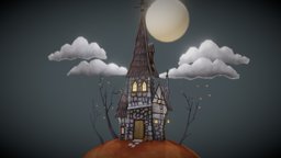 Halloween Autumn Old House Cartoon style trees, moon, painted, clouds, night, rural, autumn, stretched, low-poly-house, aurtumn, cartoon, blender, witch, house, stylized, halloween, spooky, hand