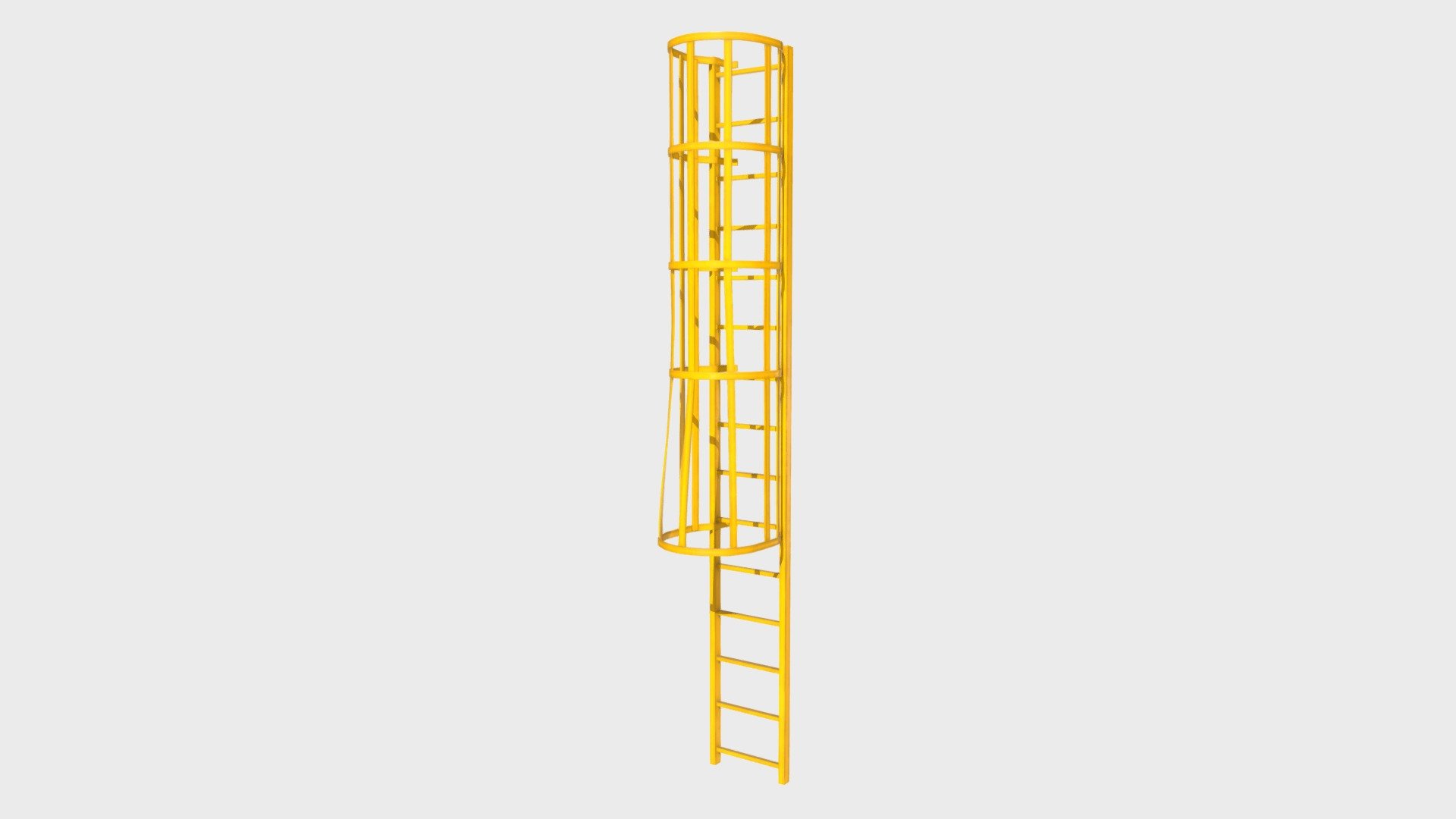 === The following description refers to the additional ZIP package provided with this model ===

Modular ladder with safety cage 3D Model. 4 individual objects (bottom cage, cage module, ladder module, bottom ladder), sharing the same non overlapping UV Layout map, Material and PBR Textures set. Production-ready 3D Model, with PBR materials, textures, non overlapping UV Layout map provided in the package.

Quads only geometries (no tris/ngons).

Formats included: FBX, OBJ; scenes: BLEND (with Cycles / Eevee PBR Materials and Textures); other: 16-bit PNGs with Alpha.

4 Objects (meshes), 1 PBR Material, UV unwrapped (non overlapping UV Layout map provided in the package); UV-mapped Textures.

UV Layout maps and Image Textures resolutions: 2048x2048; PBR Textures made with Substance Painter.

Polygonal, QUADS ONLY (no tris/ngons); 20858 vertices, 20842 quad faces (41684 tris).

Real world dimensions; scene scale units: cm in Blender 3.6.1 LTS (that is: Metric with 0.01 scale) 3d model