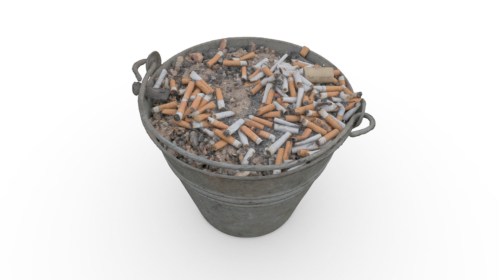 Metal bucket full of Ash fireplace debris clean up, cigarette buds butts fag spliff smoke, Rubble bucket container, old vintage rusty grungy style

Photogrammetry scan 120x24MP, 2x8K texture - Cigarette butts bucket - Buy Royalty Free 3D model by axonite 3d model