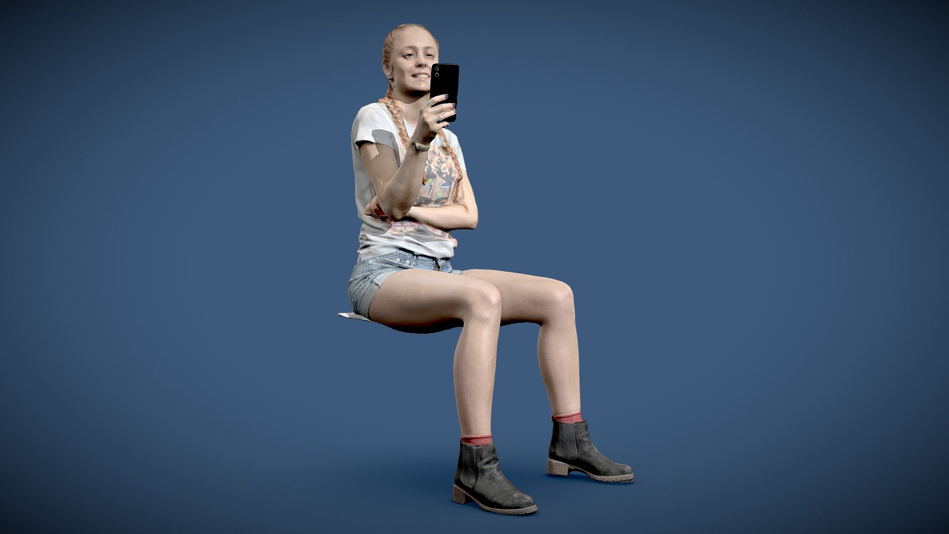 Full body of happy young stylish caucasian casual blonde braided hair woman sitting using smart phone.

Wearing blue jean shorts, t-shirt and boots

Posed photogrammetry scan with

8192x8192 8k diffuse map 8192x8192 8k normal map 8192x8192 8k roughness map - Woman sitting using cellphone - 3D photo scan - Buy Royalty Free 3D model by sharplaninac 3d model
