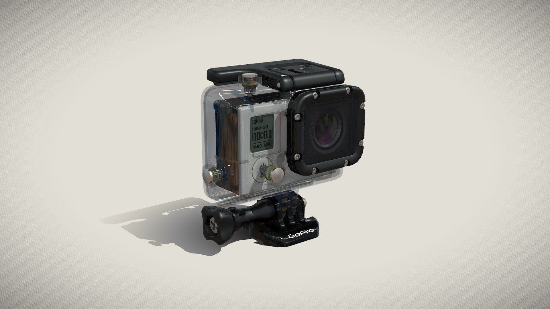 •   Let me present to you high-quality low-poly 3D model GoPro Hero3 camera with waterhousing.  Modeling was made with ortho-photos of real action camera that is why all details of design are recreated most authentically.

•    This model consists of a few meshes, it is low-polygonal and it has five materials for Waterhousing and three materials for Camera.

•   The total of the main textures is 4. Resolution of all textures is 2048 pixels square aspect ratio in .png format. Also there is original texture file .PSD format in separate archive.

•   Polygon count of the model is – 16430.

•   The model has correct dimensions in real-world scale. All parts grouped and named correctly.

•   To use the model in other 3D programs there are scenes saved in formats .fbx, .obj, .DAE, .max (2010 version).

Note: If you see some artifacts on the textures, it means compression works in the Viewer. We recommend setting HD quality for textures. But anyway, original textures have no artifacts 3d model