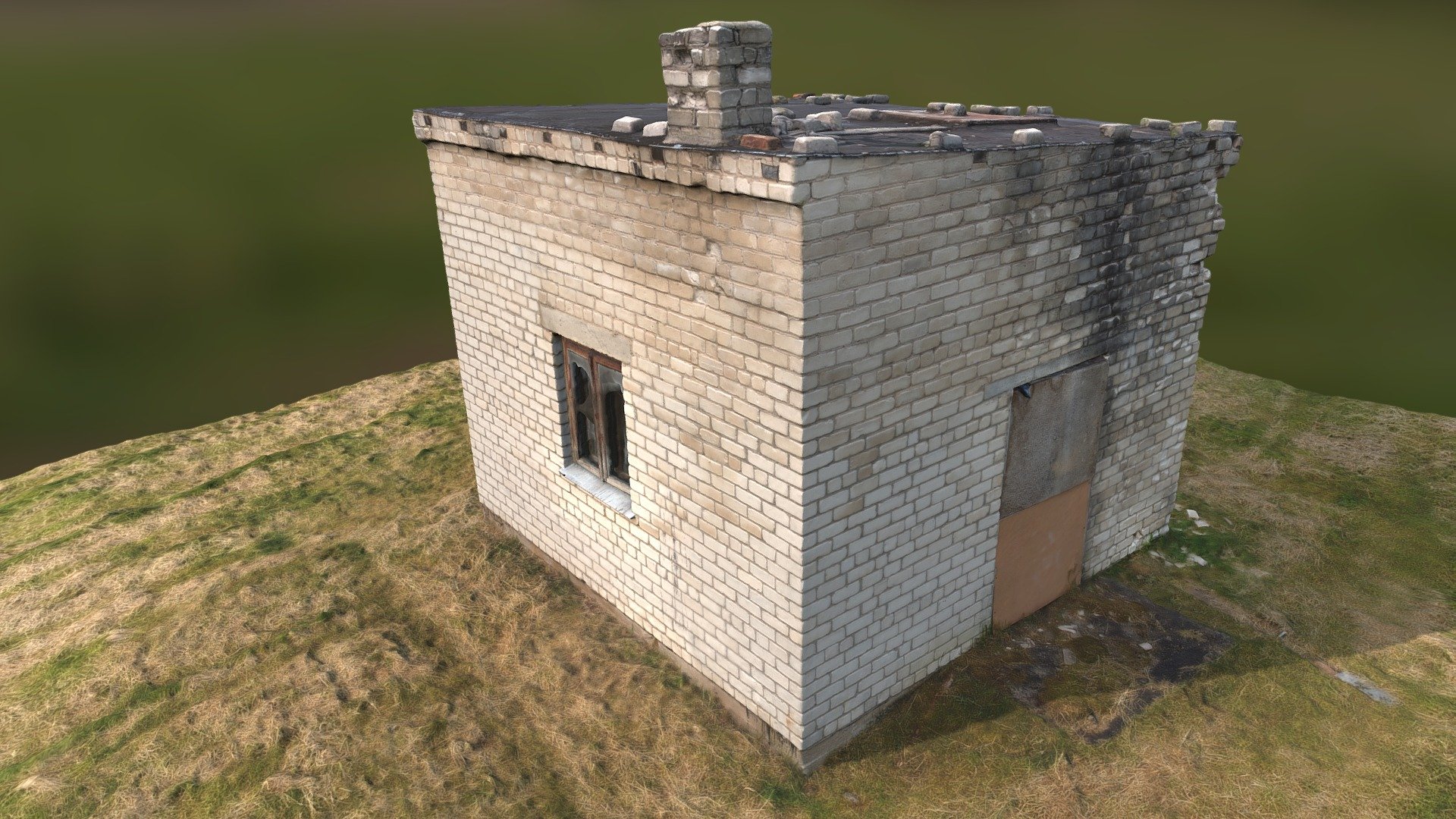 Small, abandoned, derelict brick house in the middle of a field.
Dirty brick walls, dirty roof, old, collapsed chimney 3d model