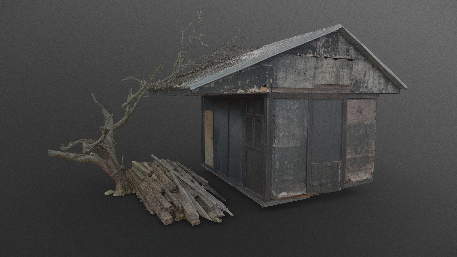 Abandoned old historic style  Black hut chalet cabin small house black lack painted with vintage wavy fibre cement concrete sheeted roof and old lumber and tree

photogrammetry scan, 4x8K texture - Black hut - Buy Royalty Free 3D model by matousekfoto 3d model