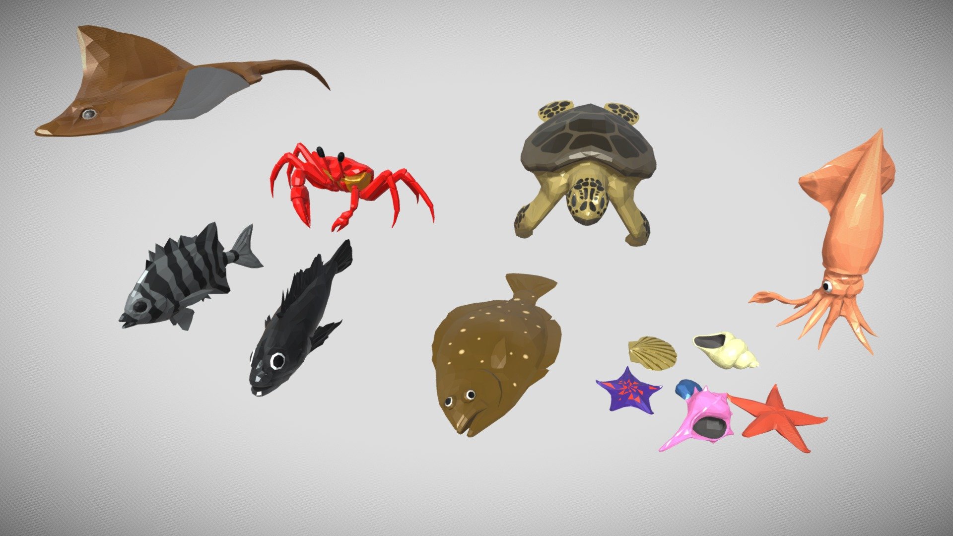 Demo video: https://youtu.be/GZj4cLkkvaY

Contents


7 fully rigged sea animals + bonus clams for props!
Essential animations for each sea animal
Cute and easy-to-use design

Animations


Crab: Walk, Eat
Flatfish: Swim, Flop
Sea Turtle: Swim, Crawl
Sebastes: Swim, Flop
Squid: Swim, Hunt
Sting Ray: Swim, Turn
Stone Sea Bream: Swim, Flop

A blender file of each sea animal's included. You can use the rig, create and adjust animations as you like.

Thank you so much for your interest. Our goal is to create assets that are useful and practical for your project! If you have any question or suggestion, please send us an email to customersupport@jiffycrew.com. We'll be more than happy to help 3d model