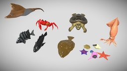 [Low Poly] Animated Sea Animals Vol.1 turtle, fish, fishing, crab, ocean, stingray, squid, seabream, animals-cute, blender, lowpoly, low, poly, animal, animation, animated, rigged, sea, flatfish, sebastes