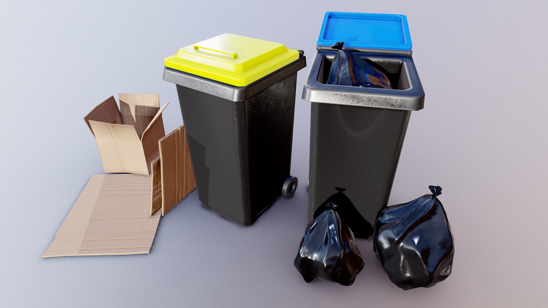 In France, almost every house has at least two trashcans: the blue one is for common garbage and the yellow one is for recycling garbage like plastic, cardboard and paper.

This asset is lowpoly and gameready for Unity and Unreal engine (URP-Standard / HDRP). It contains 2k png textures for cardboard and 4k for trashcan.

3D Models :


Cardboard Box 1 : 288 triangles
Cardboard Box 2 : 244 triangles
Trashcan : 676 triangles
Trashcan Top : 328 triangles
Trashcan Wheel : 1012 triangles
Trashcan Full : 2016 triangles
Trashbag : 1344 triangles

Inspired by my trashcan and made for #TrashChallenge with the goal to be used in videogames.

If you have any question, don’t hesitate to send me a mail at monkystudiogame@gmail.com.

PS : It is trashcan or trashbin ? I don't kow. If an english person can tell me the difference. Thanks :) - Trashcan + Cardboard box - GameReady Unity/Ue4 - Buy Royalty Free 3D model by Monky (@MonkyStudio) 3d model