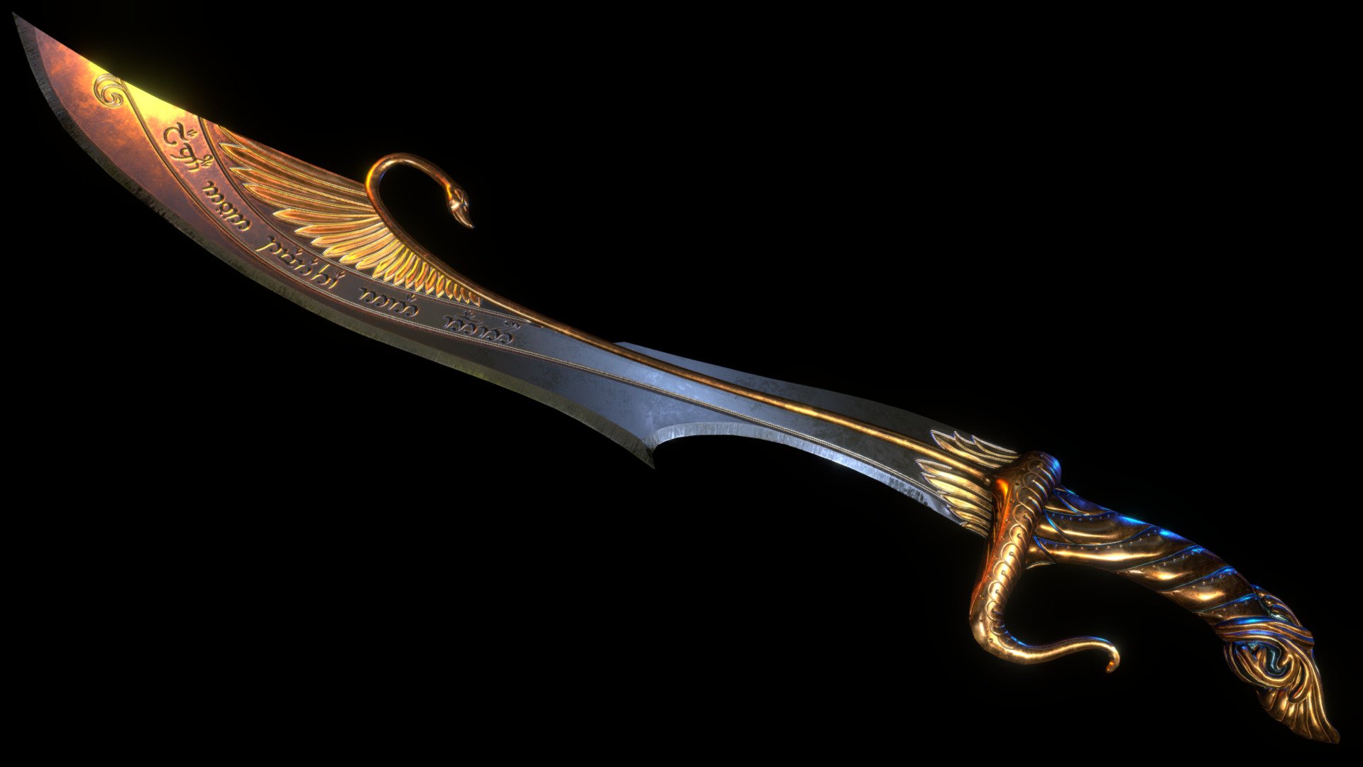 Original concept of a Noldorin Elvish sword, with a slight inspiration from the Malaysian Kelewang (for the upper curvature featuring the swan).



Twisted hilt, lower quillon curved backward, intricately designed pommel with Azurite inlay.

Runic inscription on the blade in Sindarin &ldquo;The dancing swan of the west