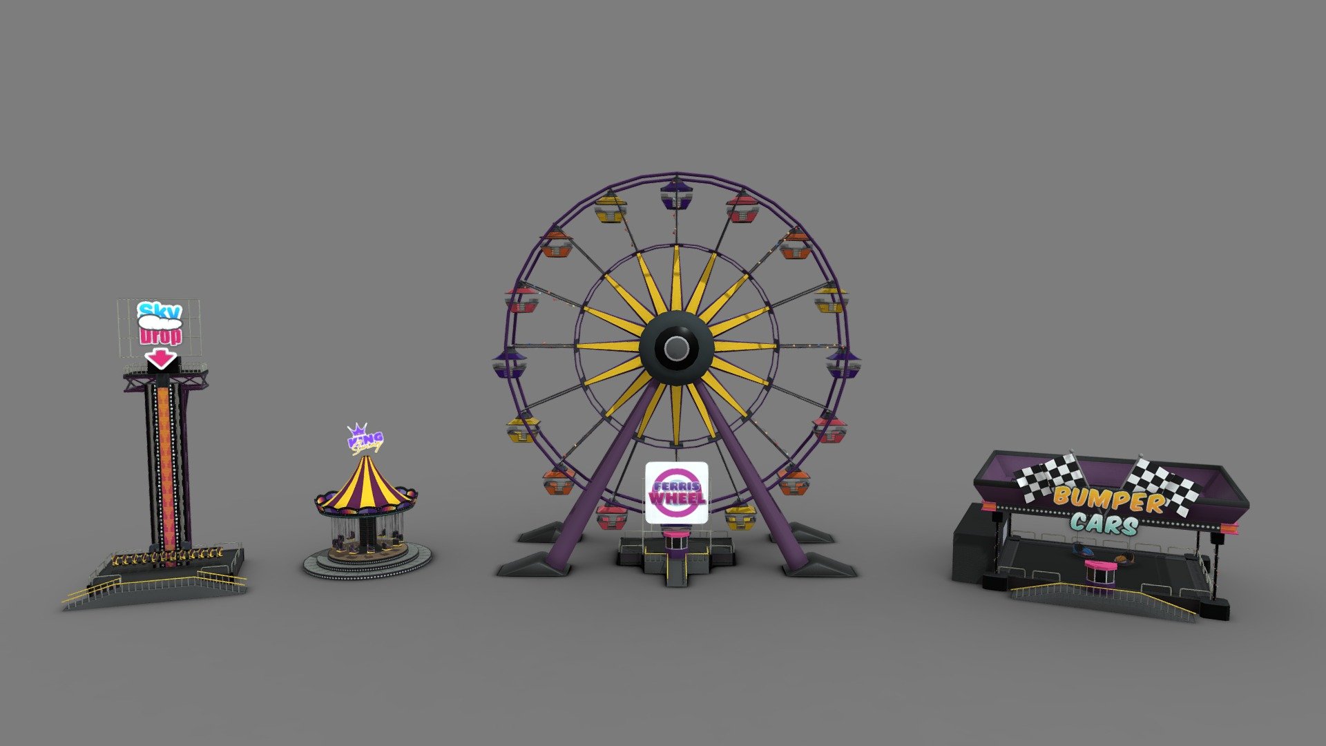 Pack of 4 different amusement park attractions including: ferris wheel, sky drop, flying wheels and bumper cars. – these models is part of our amusement par]k pack that you can fin in our profile 3d model
