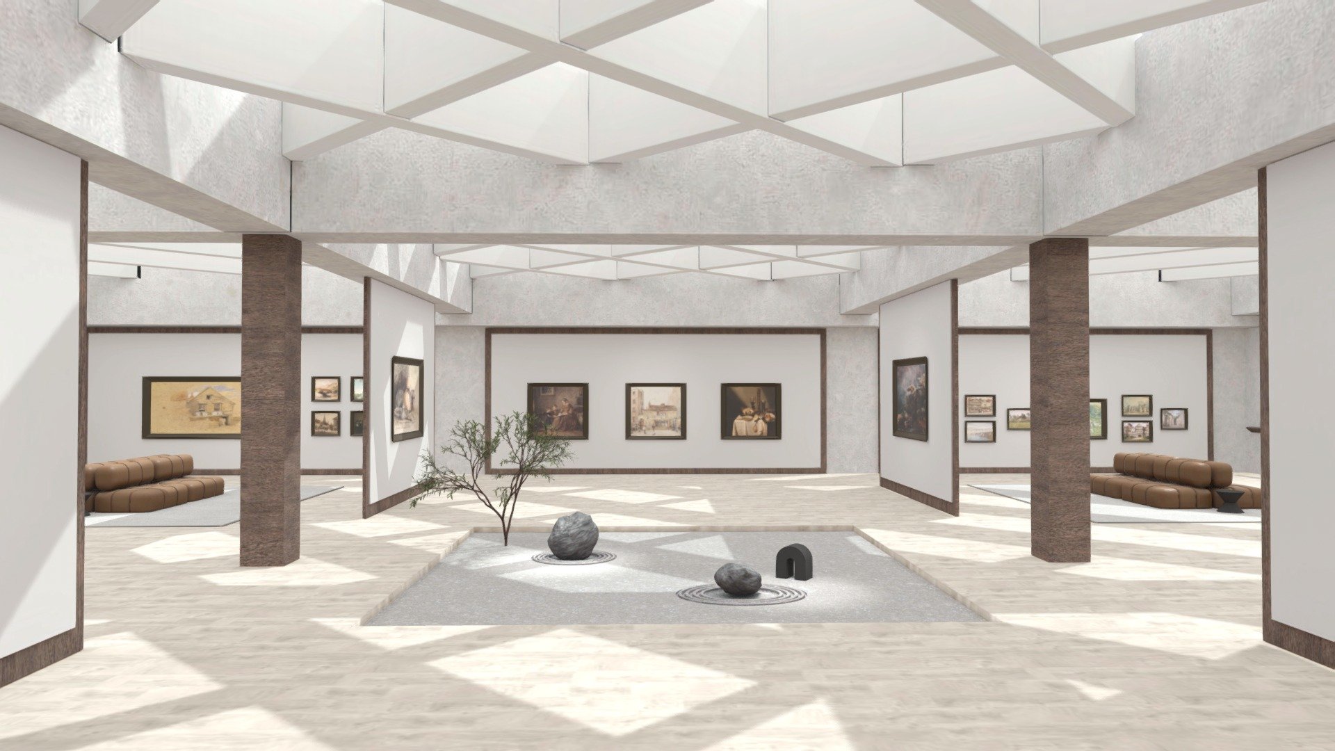 Art gallery with a zen style gardening inside. Furnished with nature style interiors. Decorated with morden concrete ceiling. 
Paintings hanging on walls are independent textures which you can easily replace them in GLTF textures folder.




Scaled in real world dimensions

Hi res textures baked

Spatial seat hotspots supported（need to download the additional file which named “with hotspots”）
 - Art Gallery | Zen | Baked - Buy Royalty Free 3D model by ChristyHsu (@ida61xq) 3d model