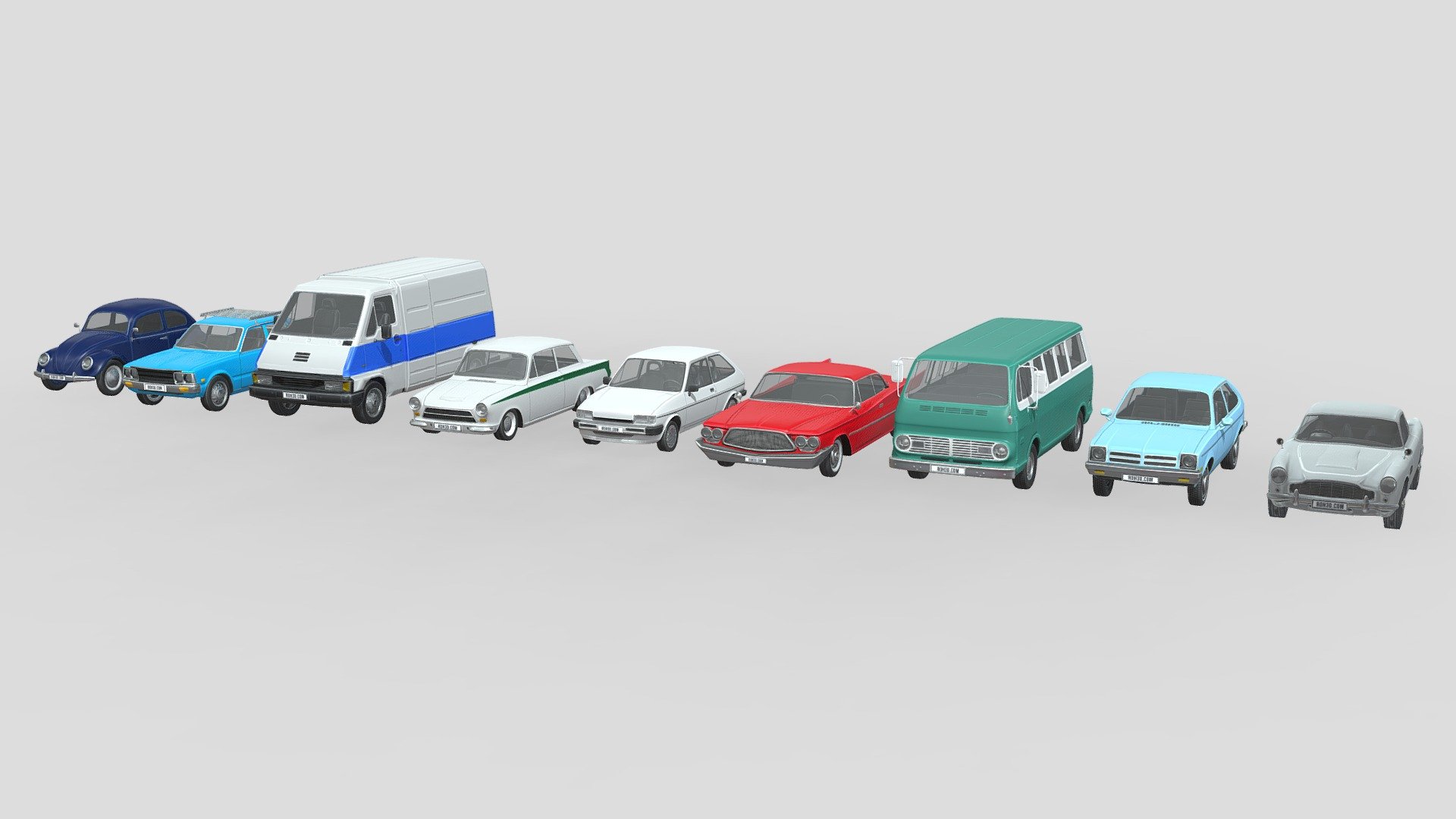 This models pack contain 9 different cars, with nice and clean geometry.

Features : 
- Low poly cars, each cars only have about 7k polygons. 
- It’s included PSD file, so you can easily change the color (Using Photoshop). 
- Nice detail, thanks to the baked-textures in 4K size.

Cars included in this pack: 
- Aston Martin DB5
- Chevrolet Chevette 1963
- Chevrolet Sport Van 1968
- Chrysler Saratoga 1960
- Ford Fiesta 1983
- Ford Lotus Cortina 1963
- Renault Master Van 1977
- Toyota Corona 1975
- volkswagen Beetle 1949

Buying this collection, you will save a large amount of money! - Low Poly Cars Collection 002 - Classic - Buy Royalty Free 3D model by ROH3D 3d model