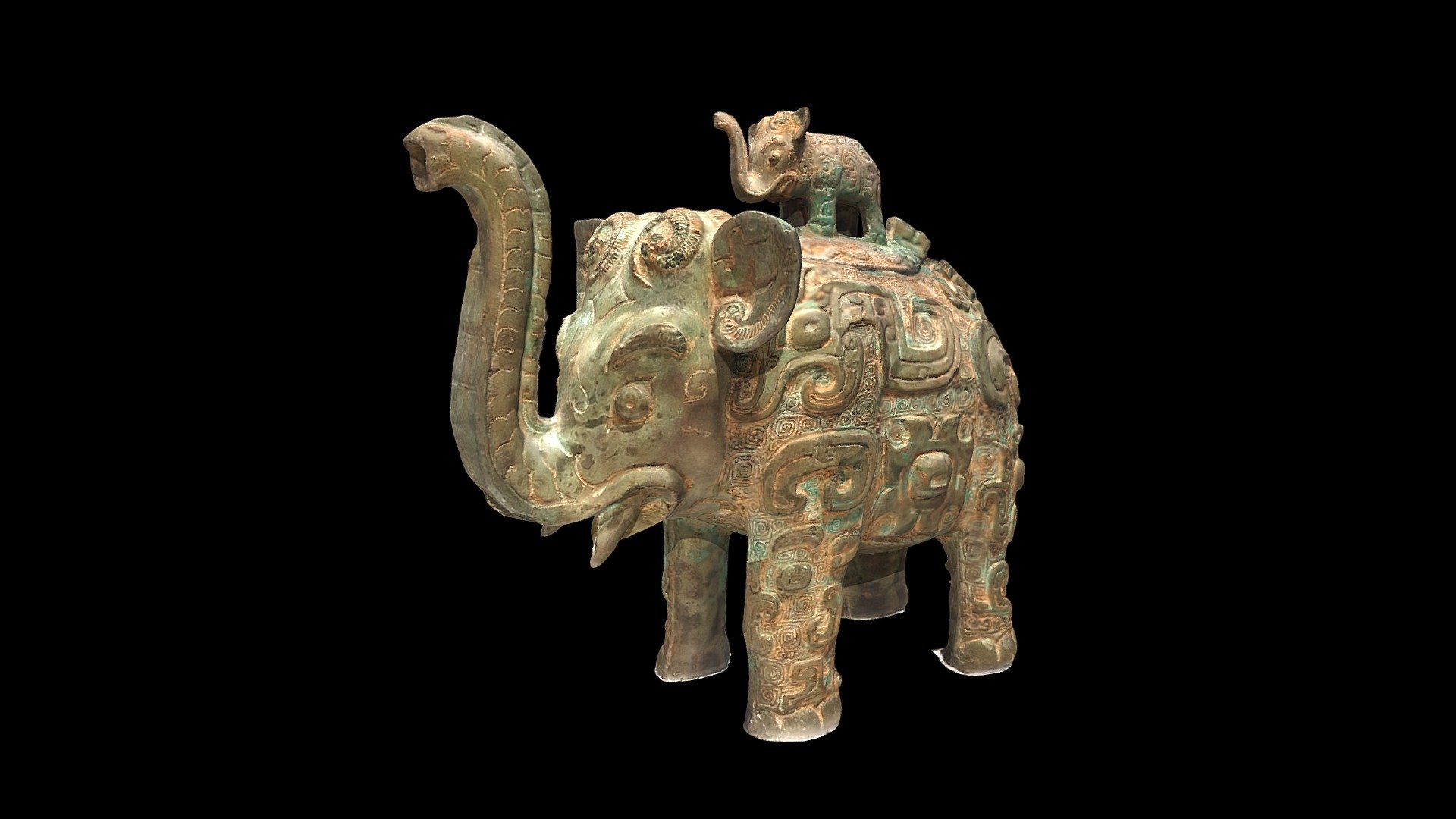 Chinese bronze He vessel in the shape of an elephant. Late Anyang Period (ca. 1100 B.C.), China. National Museum of Art, Smithsonian (F1936.6A-B), Washington, D.C.

Created from 262 photographs (Motorolla Moto G Stylus 2020 mobile phone) using Metashape 1.8.4.  Photographed in October 2023 3d model