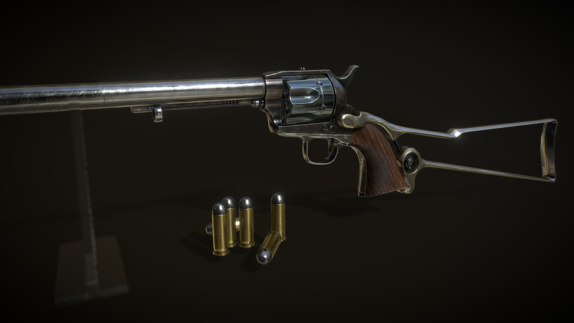 I wanted to challende myself and imerge into the story of this gun. So I learned all about the story of the Buntline Special, an interesting story.

This version is one of more “extra” variant, with that skeleton shoulder stock, 16” inch barrel and chambered in .45 caliber.

Created with Maya, Zbrush, and Substance Painter 3d model
