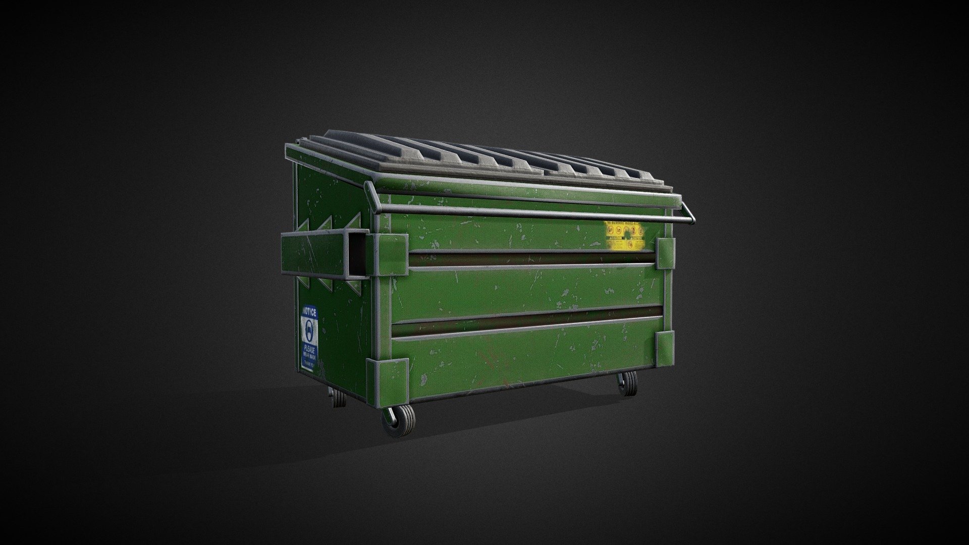 Tutorial here: https://www.youtube.com/channel/UC3R6lDf-Rlb9QW-D3CnhR7w

The model works perfectly in close-ups and high quality renders. It was originally modelled in 3ds Max 16, textured in Substance Painter and rendered with Marmoset Toolbag 3.

What is in the archive: MAX_16; OBJ; FBX ; Textures (2k resolution)

Features: Model resolutions are optimized for polygon efficiency. Model is fully textured with all materials applied. All textures and materials are included and mapped in every format. Autodesk 3ds Max models grouped for easy selection &amp; objects are logically named for ease of scene management. No cleaning up necessary, just drop model into your scene and start rendering. No special plugin needed to open scene.

Textures formats: PNG (2K) - Dumpster- Tutorial Included - Buy Royalty Free 3D model by ninashaw 3d model