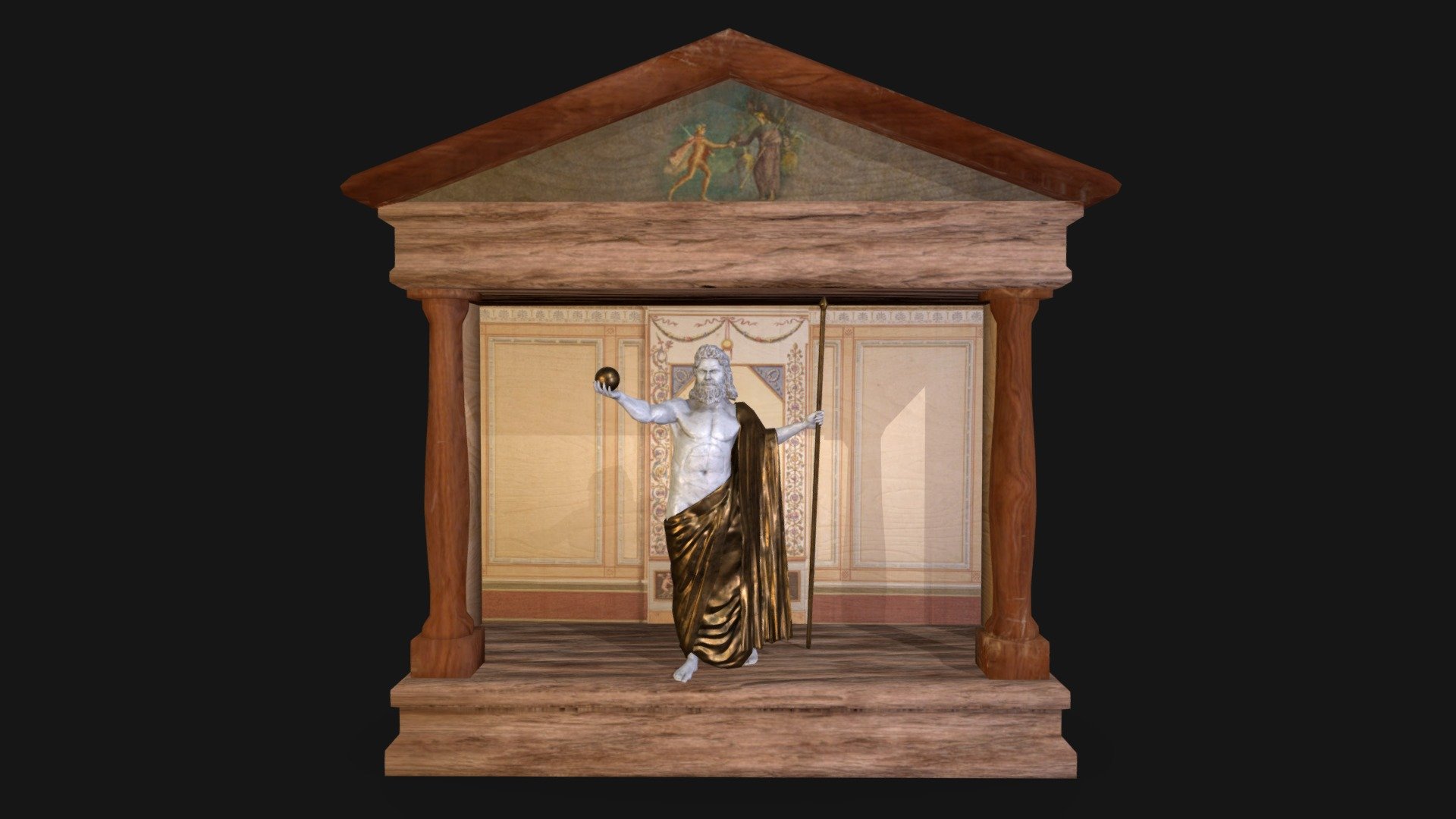Roman wooden altar

Prefabs:

 I. SM_Jupiter – Poly: 8157
II. SM_lararium – Poly: 316


Technical details

UV mapping and geometry: mix.
Texture set dimensions and number: 2048x2048; 1 set (6 channels).
Types of materials and texture maps: PBR metallic – roughness.


description
This is a Roman altar, we can call it lararium; however lararium usually refers to an altar used in Roman households where they served household gods (lares familiares).
Props are intended to be used in historically accurate scenes or any other game environment 3d model