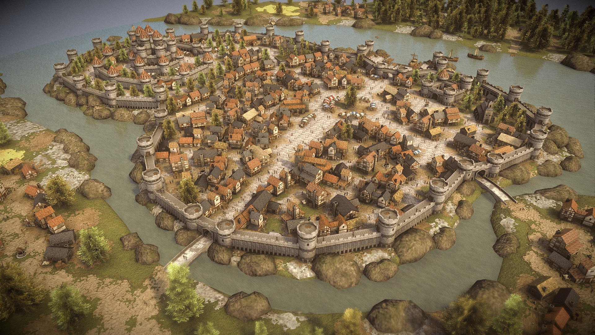 This city was created as a demo of my Medieval City Low Poly Pack, which can be purchased here: https://skfb.ly/6FKTU

Every single asset used in this environment comes from that pack. It uses 4 different materials (five if we count the water, as it was separated for manual opacity control), each one with Albedo, Roughness, Normal, AO, Metallic and Opacity maps. Most textures (Environment, People and Market) are 1024x1024, and the one cotaining all the buildings is 2048x2048. Also, most of the details are contained on the normal map, resulting in a low poly count. Even if the scene reaches over 500k polys, keep in mind the size of the city.

As for this scene, it has been something I've wanted to create for so many years, and I finally decided to make it with the pack. It even works as an UE4 level. I hope you like it! :D - Medieval City Pack Demo - 3D model by Ivanix88 3d model