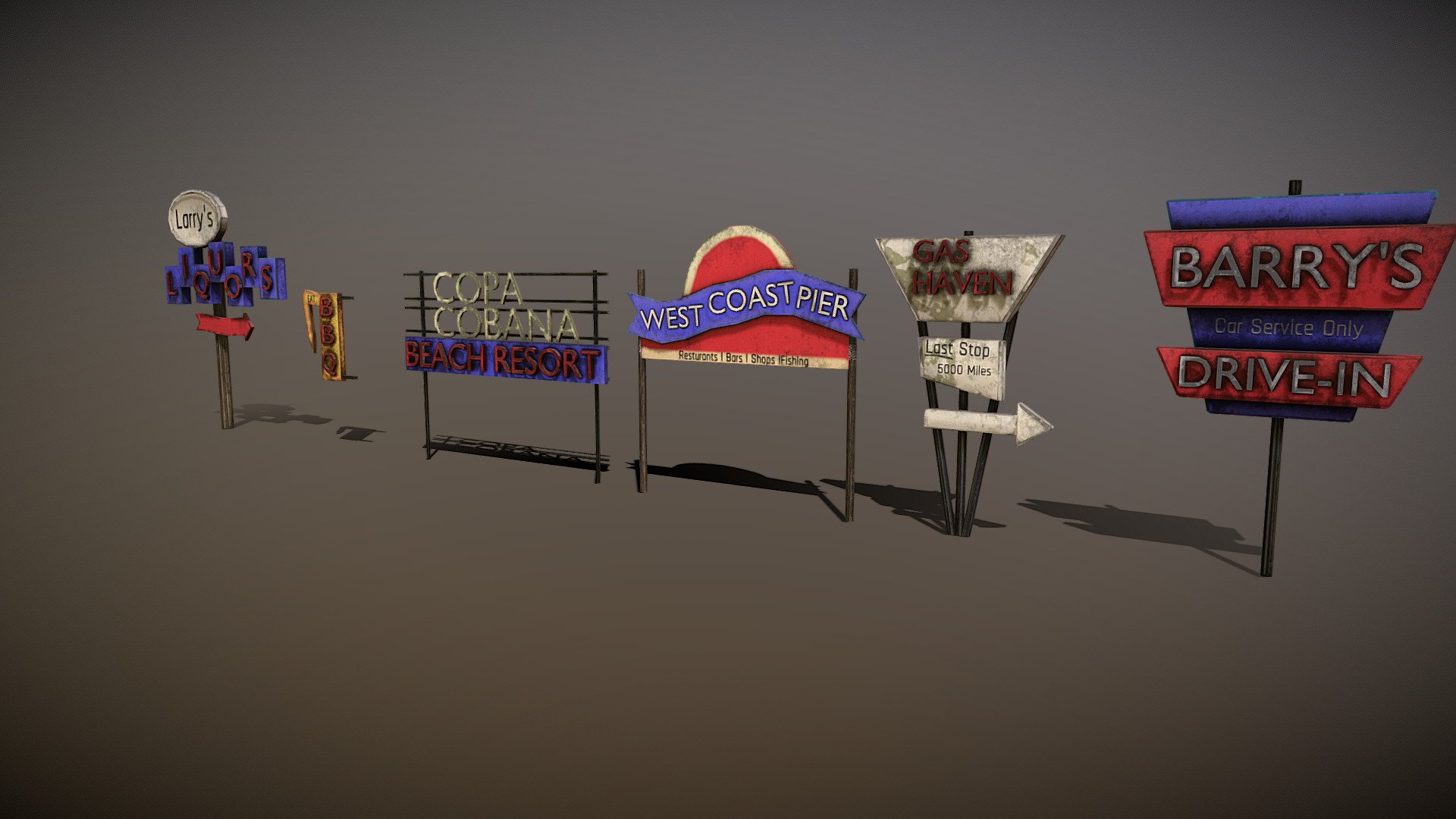 another collection of signs, there is a bonus pack in download with all signs centered at origin 
1 2048 material for all signs, dx normalmap - Post-apo Signsv4 - Buy Royalty Free 3D model by Thunder (@thunderpwn) 3d model