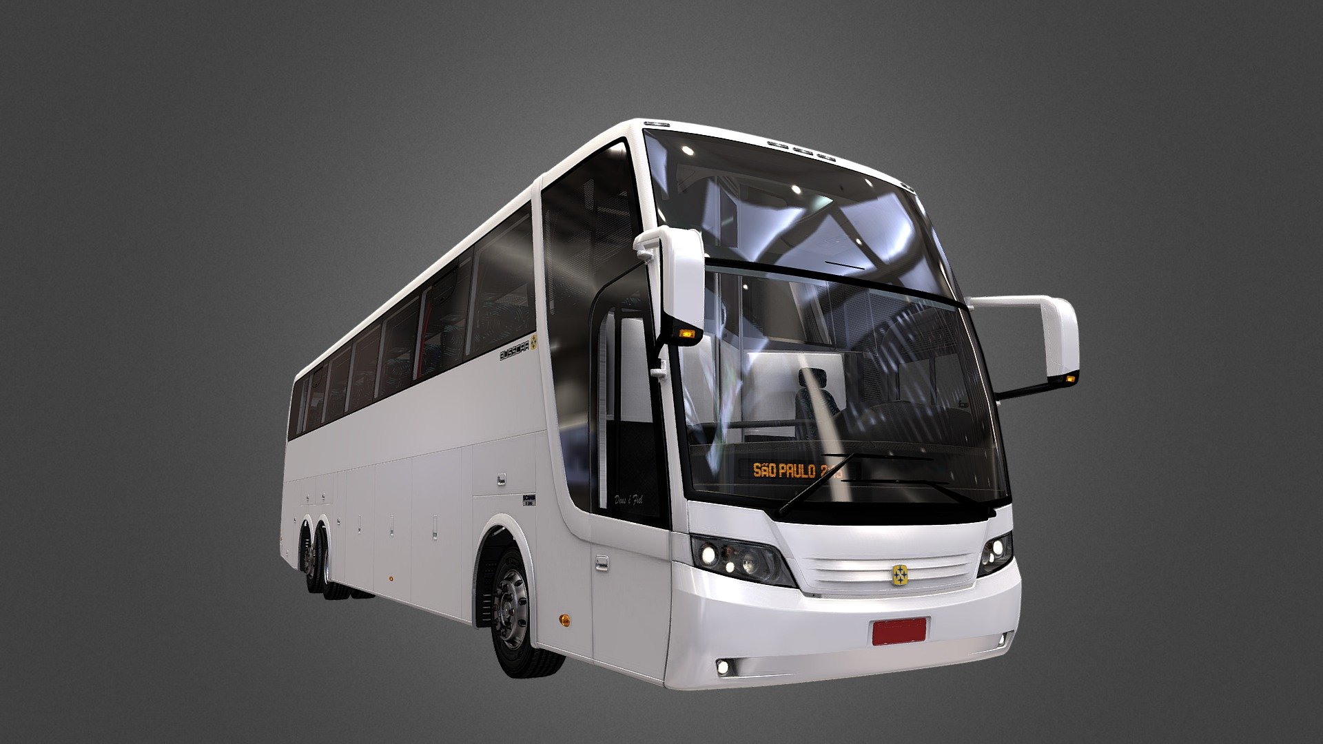 This model was produced by Busscar S.A. in Brazil in the generation of coach bodys called &lsquo;'Mars'&lsquo;, launched in 2001 with the status of one of the best coach bodys on the market, they have clean and innovation lines for his time, and this body generation was a huge selling success!
This particularly model is the Jum Buss 380, the most high decker before beeing a low driver coach, wich will be the Jum Buss 400.We can say that  generation have just one facelift, in 2007 wich is the model you're seeing; Busscar changes all the headlights and interior lighting by LED technology and a few outside bodywork for more cleaner lines like remove sealing rubbers from the windows, remove the luggage line high profile, a new foglight design and various other minors changes wich just made the product even better! 
Unfortunately a &lsquo;'process'&lsquo; of crisis started in 2009, led by a bad administration; and this crisis dragged until 2012 when came to bankruptcy.

High poly and fidelity model by Enzo Caldeirini - Jum Buss 380 Scania 2007 - 3D model by Enzo Caldeirini (@enzocaldeirini) 3d model